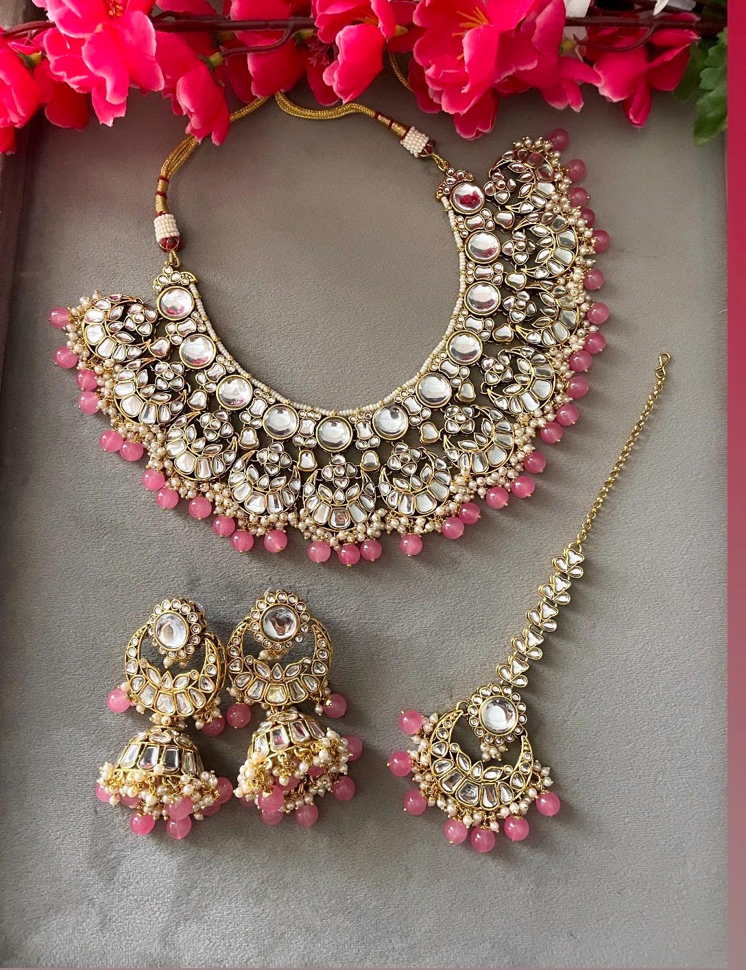 SIDAK Pink Kundan bridal jewellery necklace earrings maangtika,Punjabi Jewellery, Indian Kundan Set, cz zircon, Pakistani nikaah Jewelry