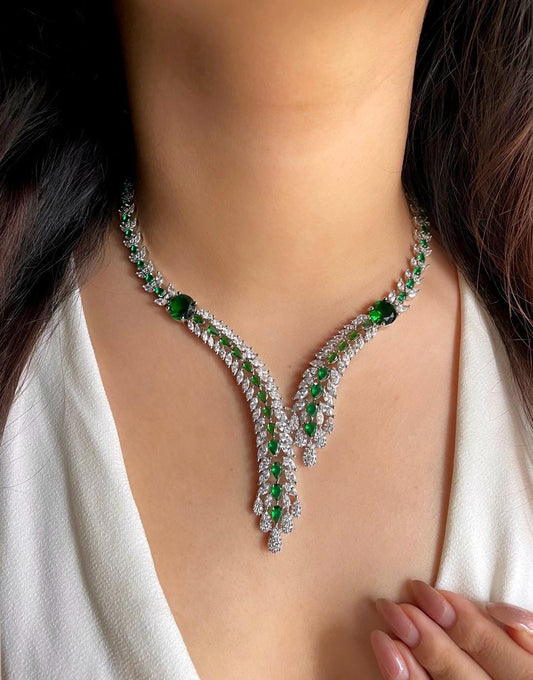 ELLA Emerald green stylish necklace Set in American Diamond Classy high quality cz zircon jewelry, prom,gala dinner bridal jewellery