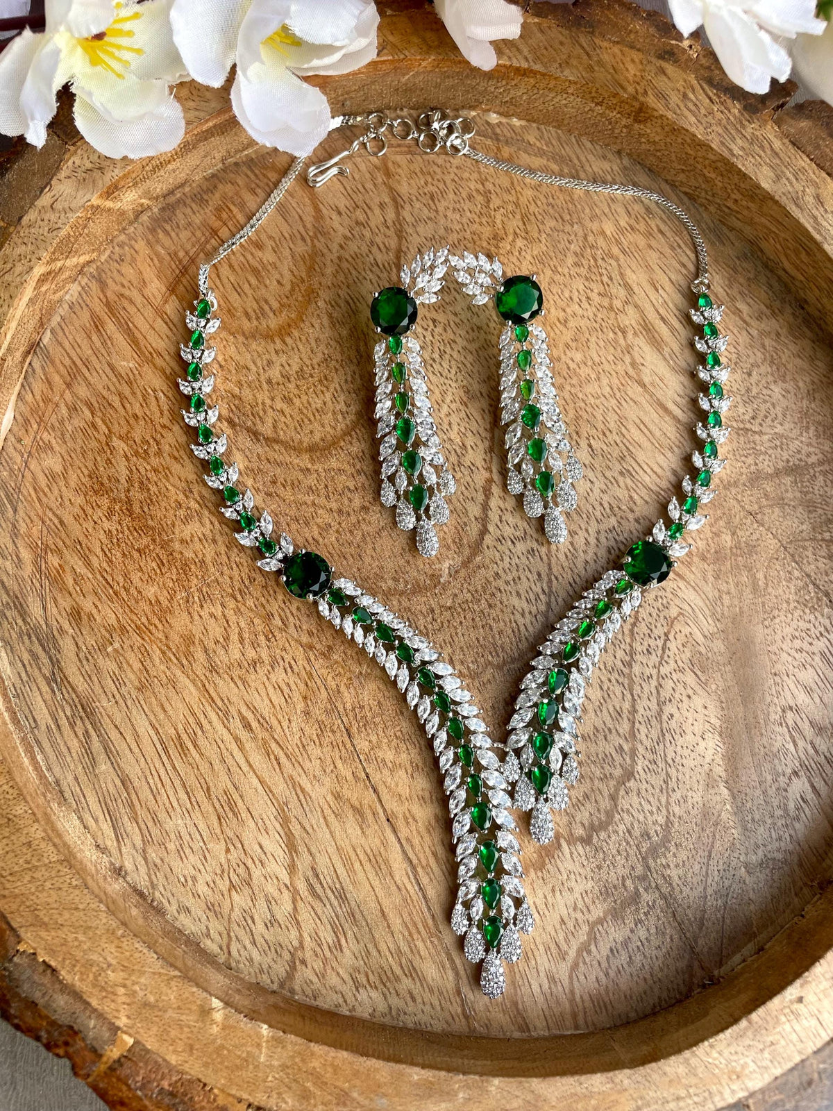 ELLA Emerald green stylish necklace Set in American Diamond Classy high quality cz zircon jewelry, prom,gala dinner bridal jewellery