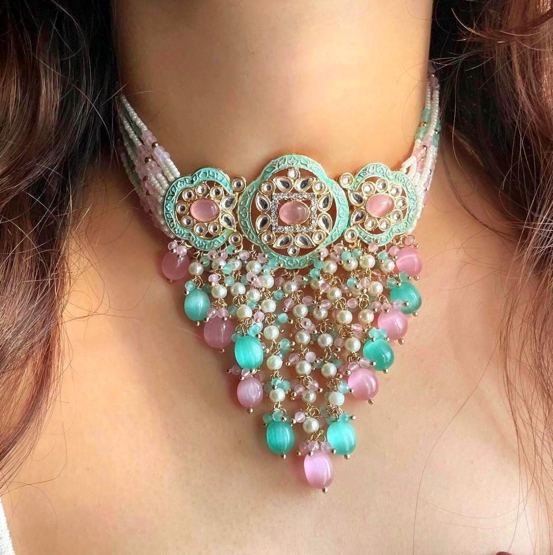MAIRA Mint pink Kundan Choker,Polki Choker, Punjabi Jewelry, Indian Necklace Set, cz zircon Jewelry, Indian Jewelry,Pakistani Jewelry