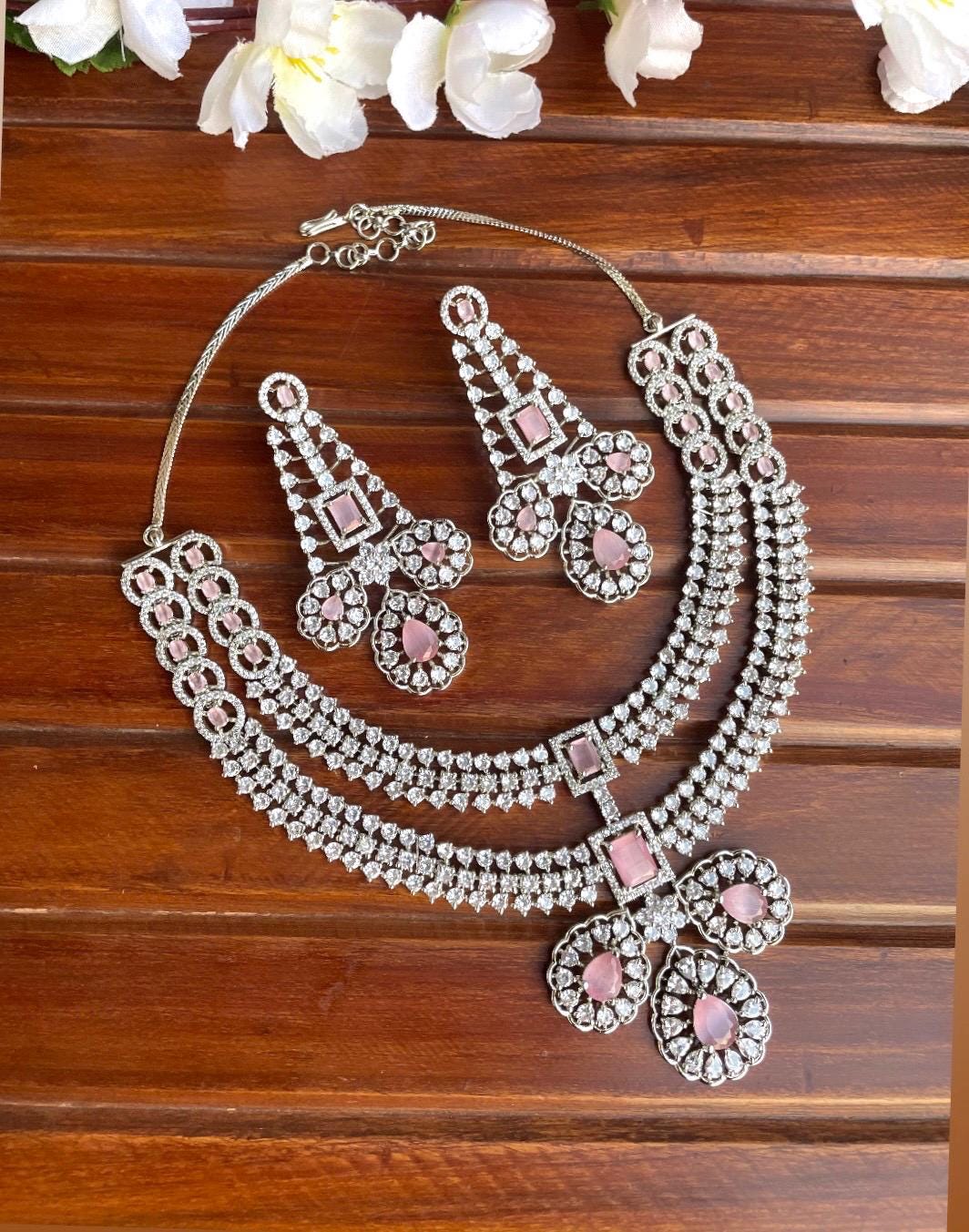 LYLA Light pink American Diamond necklace set, pink colour jewelry,Pakistani nikaah wedding jewelry,Indian bollywood jewelry maangtika
