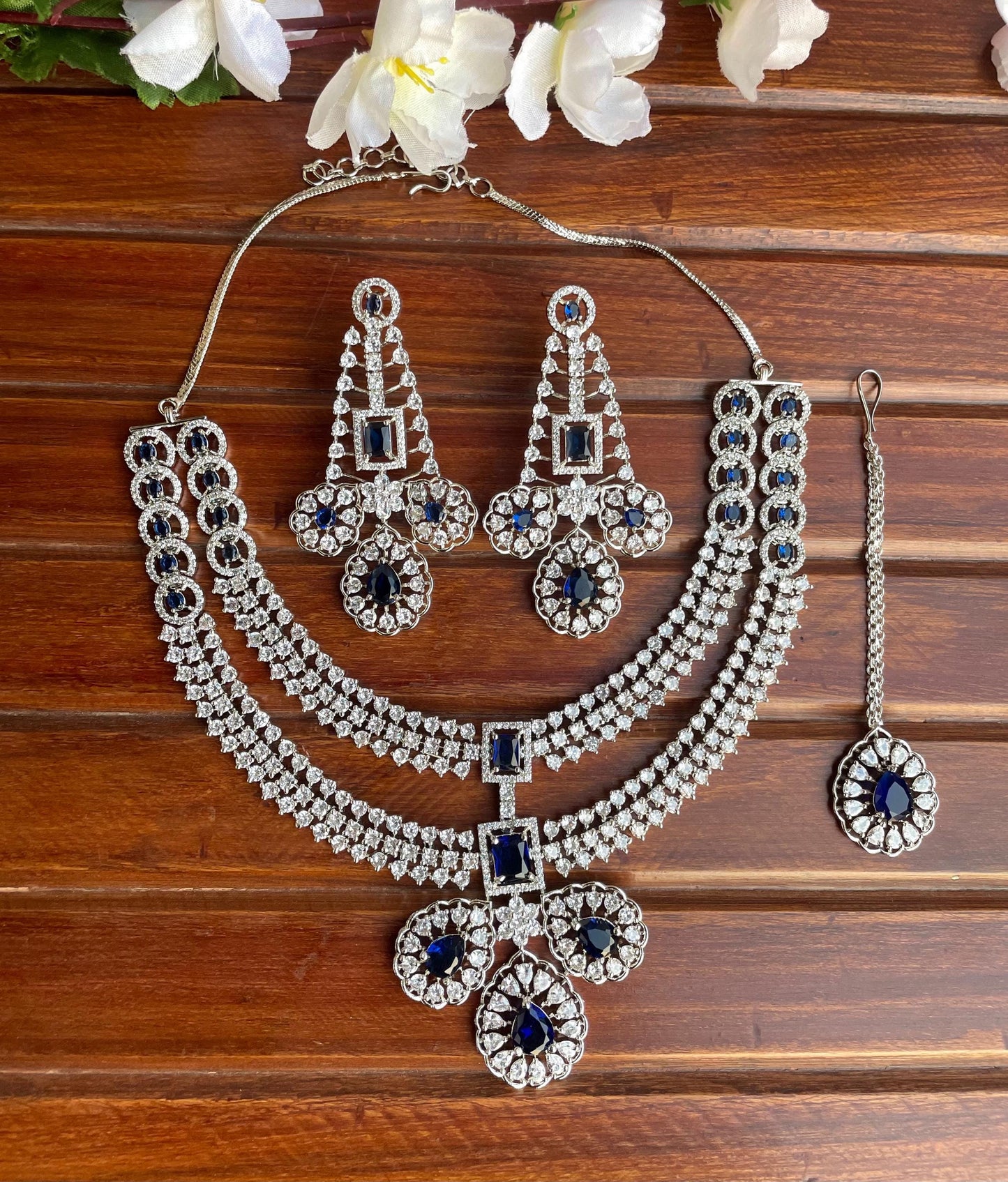 LYLA Sapphire blue American Diamond necklace earrings maangtika blue colour jewelryPakistani nikaah wedding jewelry,Indian bollywood jewelry