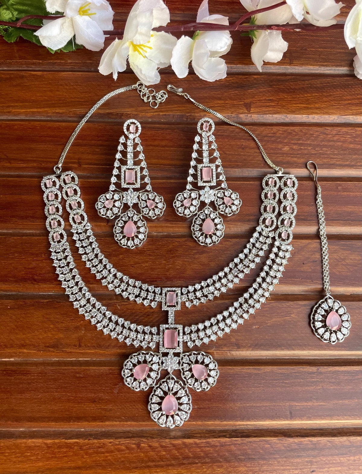 LYLA Light pink American Diamond necklace set, pink colour jewelry,Pakistani nikaah wedding jewelry,Indian bollywood jewelry maangtika