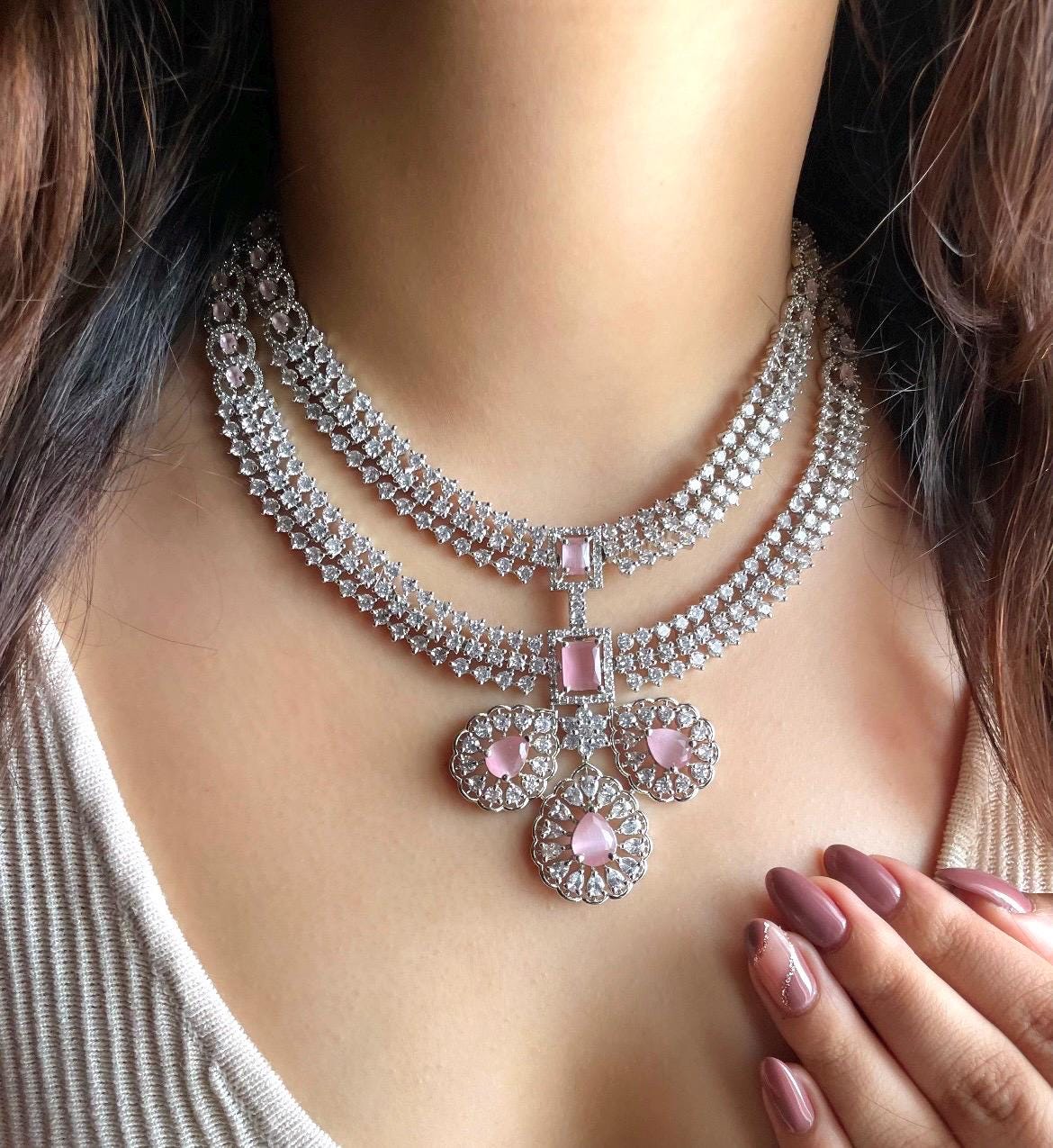 LYLA Light pink American Diamond necklace set, pink colour jewelry,Pakistani nikaah wedding jewelry,Indian bollywood jewelry maangtika