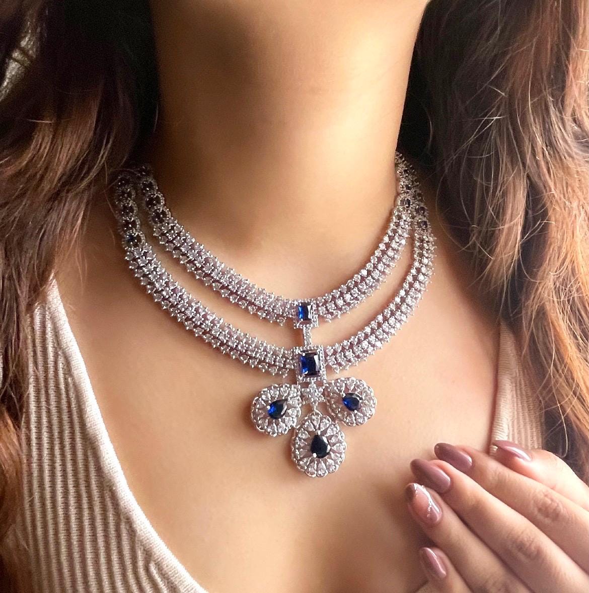 LYLA Sapphire blue American Diamond necklace earrings maangtika blue colour jewelryPakistani nikaah wedding jewelry,Indian bollywood jewelry