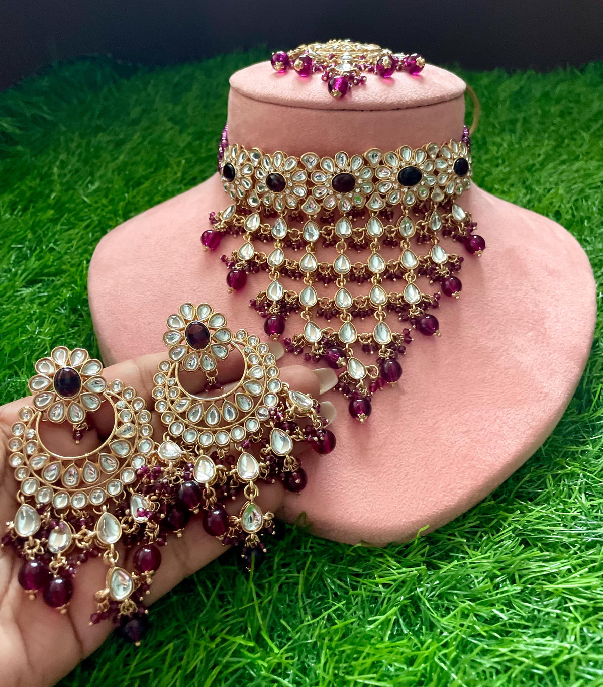 FIZA wine purple Kundan Choker earrings maangtika,Punjabi Jewellery,Indian Kundan Necklace Set,cz zircon,Pakistani nikaah Jewelry,Bridal set