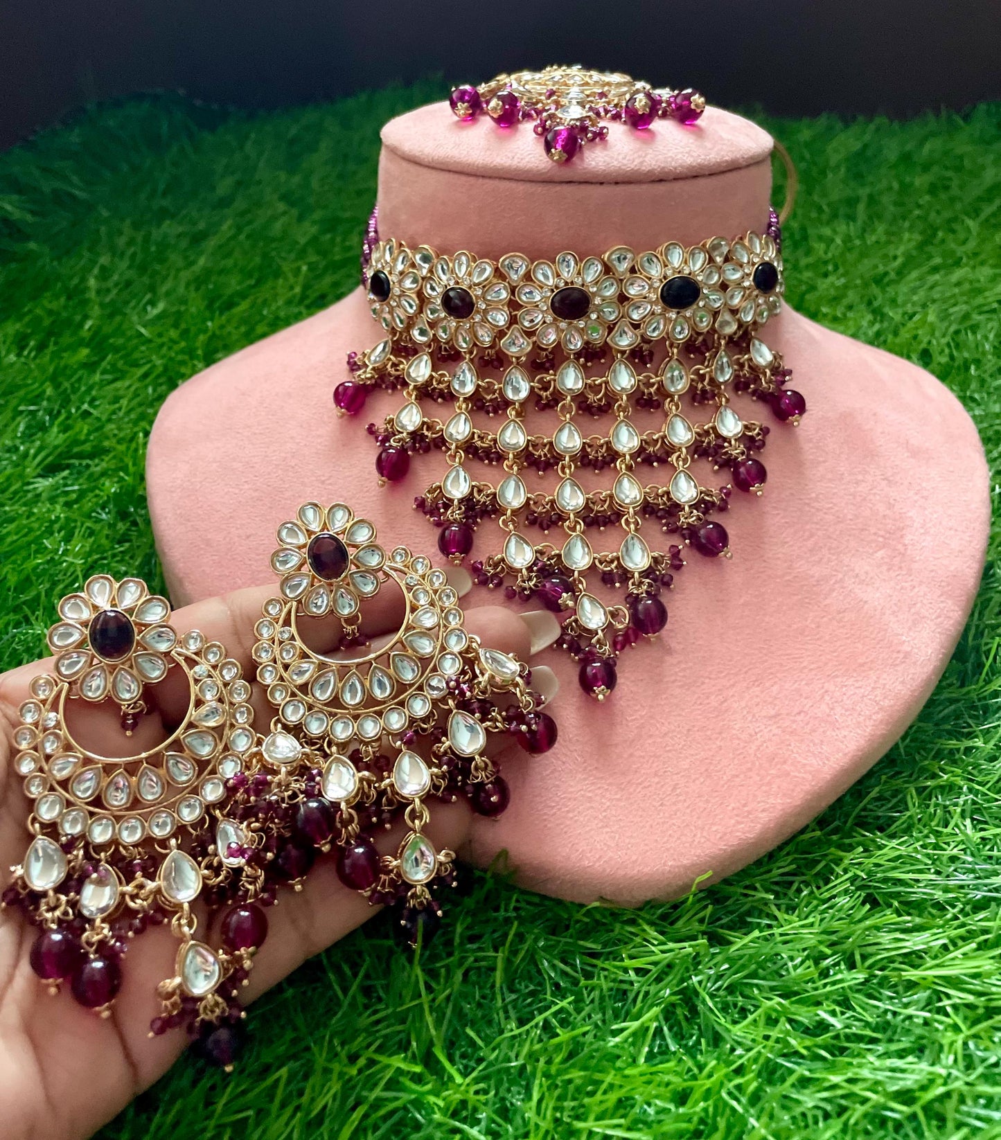 FIZA wine purple Kundan Choker earrings maangtika,Punjabi Jewellery,Indian Kundan Necklace Set,cz zircon,Pakistani nikaah Jewelry,Bridal set