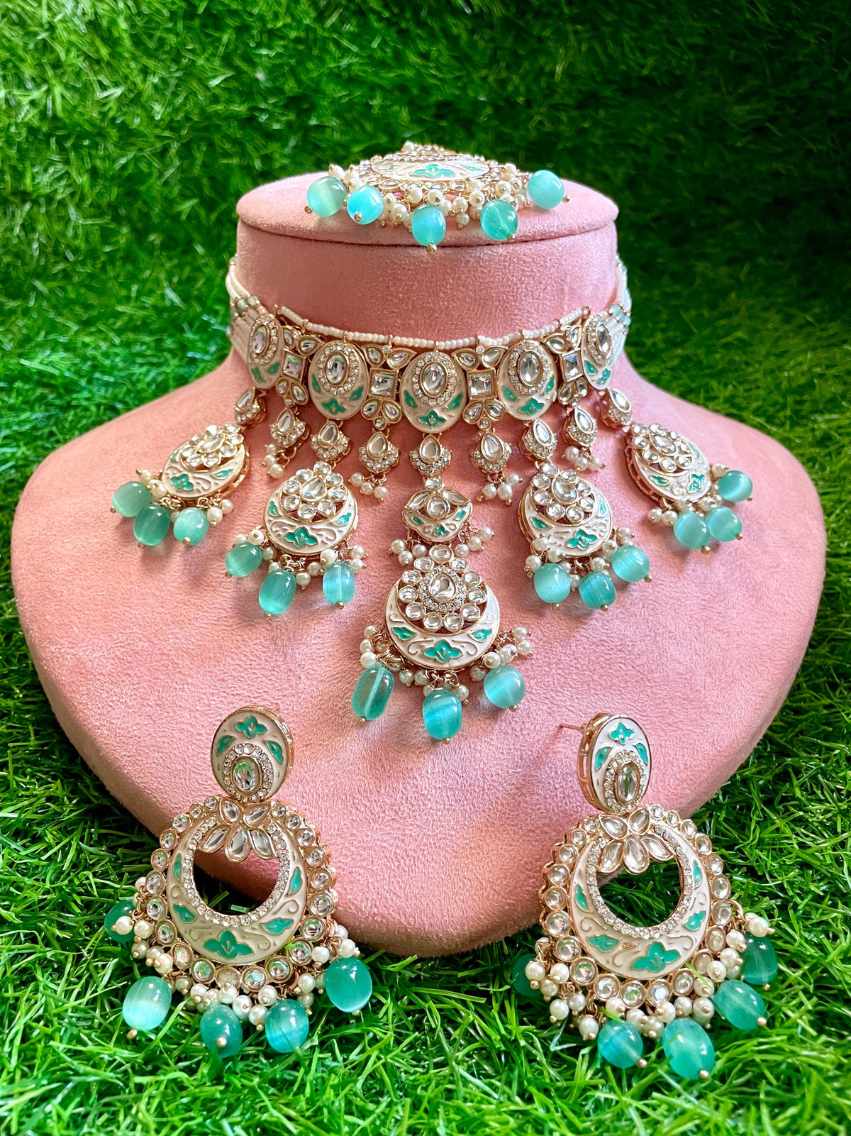 INSHAA Mint Kundan Choker earrings maangtika,Punjabi Jewellery, Indian Kundan Necklace Set, cz zircon,Pakistani nikaah Jewelry,Bridal