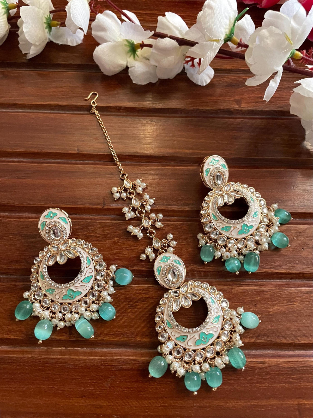 INSHAA Mint Kundan Choker earrings maangtika,Punjabi Jewellery, Indian Kundan Necklace Set, cz zircon,Pakistani nikaah Jewelry,Bridal
