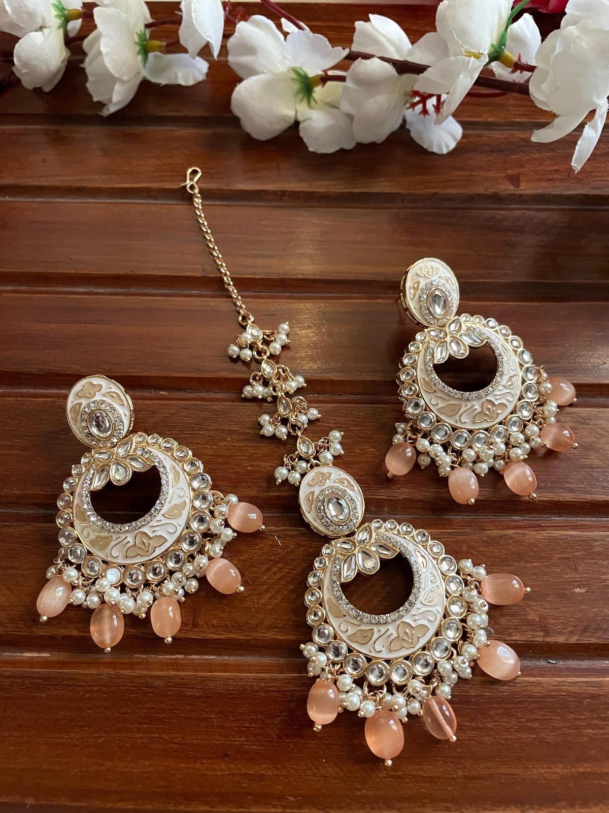 INSHAA Peach Kundan Choker earrings maangtika,Punjabi Jewellery, Indian Kundan Necklace Set, cz zircon,Pakistani nikaah Jewelry,Bridal