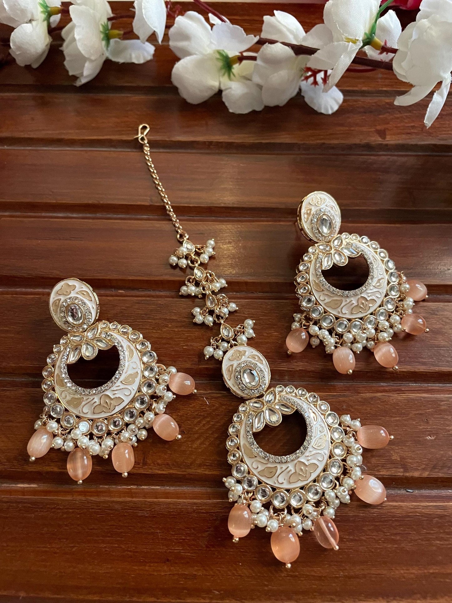 INSHAA Peach Kundan Choker earrings maangtika,Punjabi Jewellery, Indian Kundan Necklace Set, cz zircon,Pakistani nikaah Jewelry,Bridal