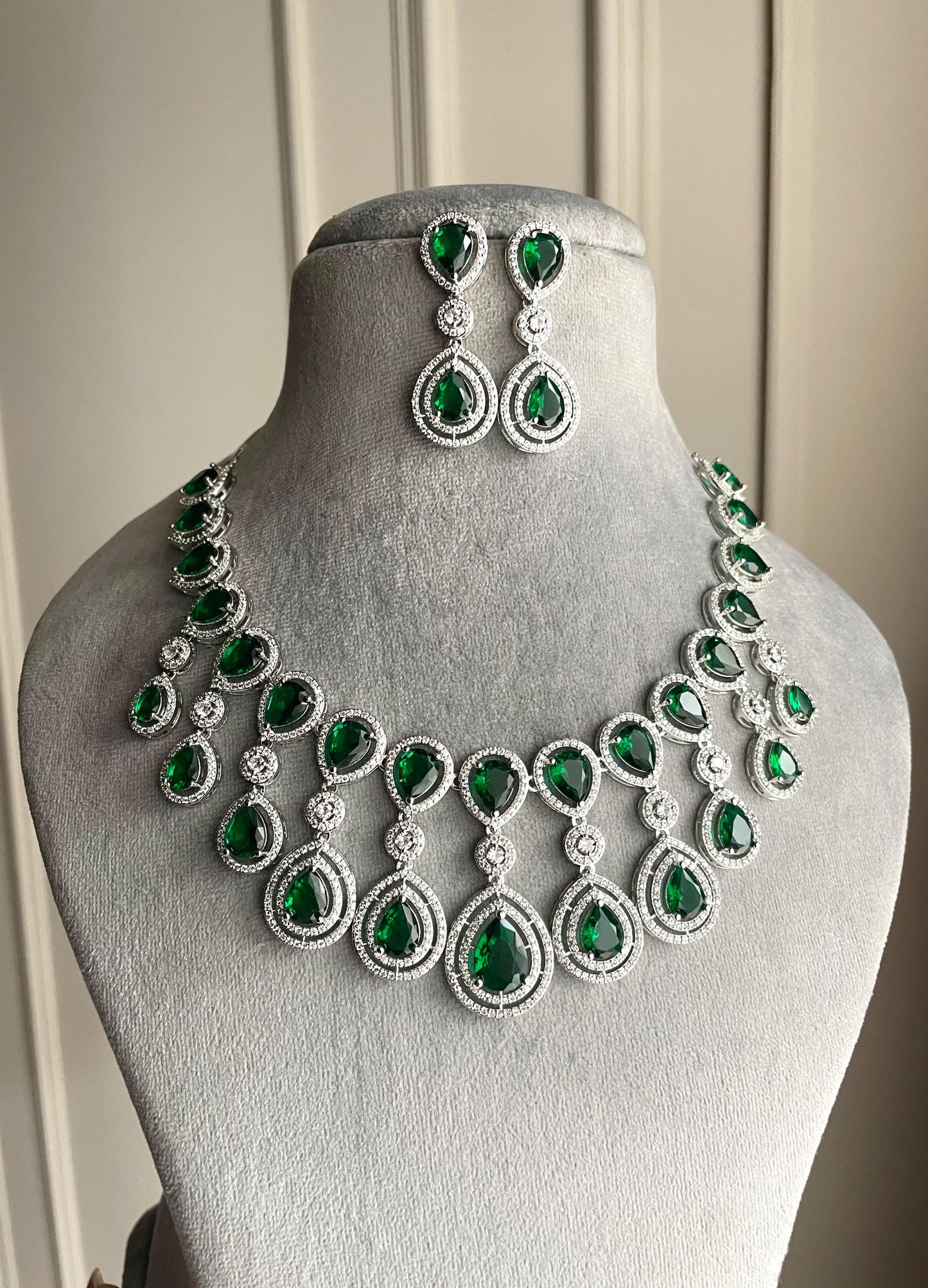 ZYVA Emerald Green CZ Necklace American Diamond Necklace Indian Jewelry Indian Necklace Pakistani Jewelry Necklace Set Bollywood