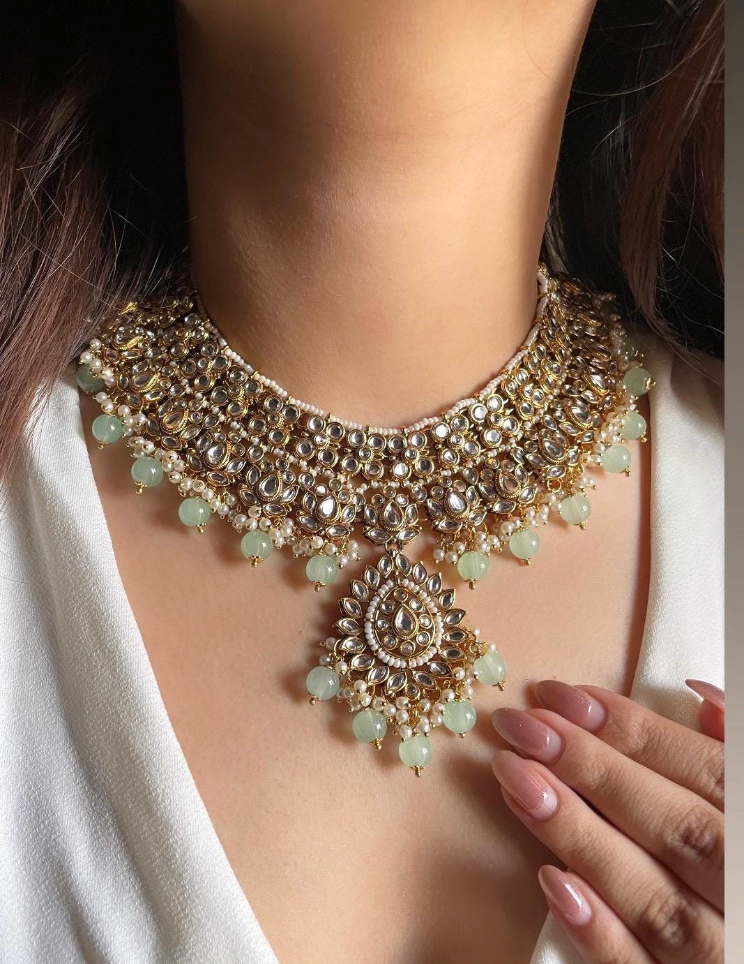 GHAZAL Mint colour Kundan necklace earrings maangtika wedding bridal jewellery pakistani nikaah bollywood jewelry punjabi indian set