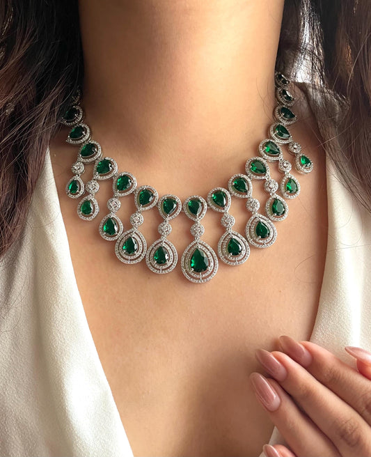 ZYVA Emerald Green CZ Necklace American Diamond Necklace Indian Jewelry Indian Necklace Pakistani Jewelry Necklace Set Bollywood