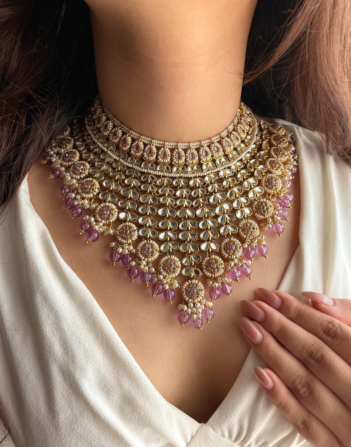 SALOMI Lavender purple Bridal Kundan Choker necklace jhumka maangtika,Punjabi Jewellery, Indian wedding kundan jewelery pakistani jewelry