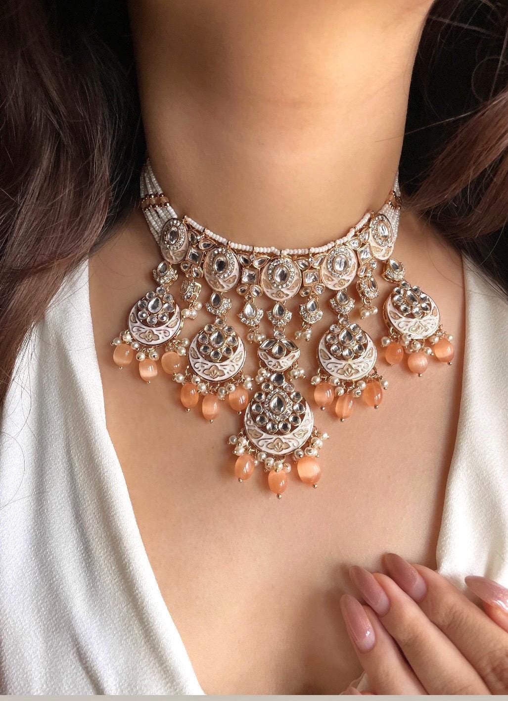 INSHAA Peach Kundan Choker earrings maangtika,Punjabi Jewellery, Indian Kundan Necklace Set, cz zircon,Pakistani nikaah Jewelry,Bridal