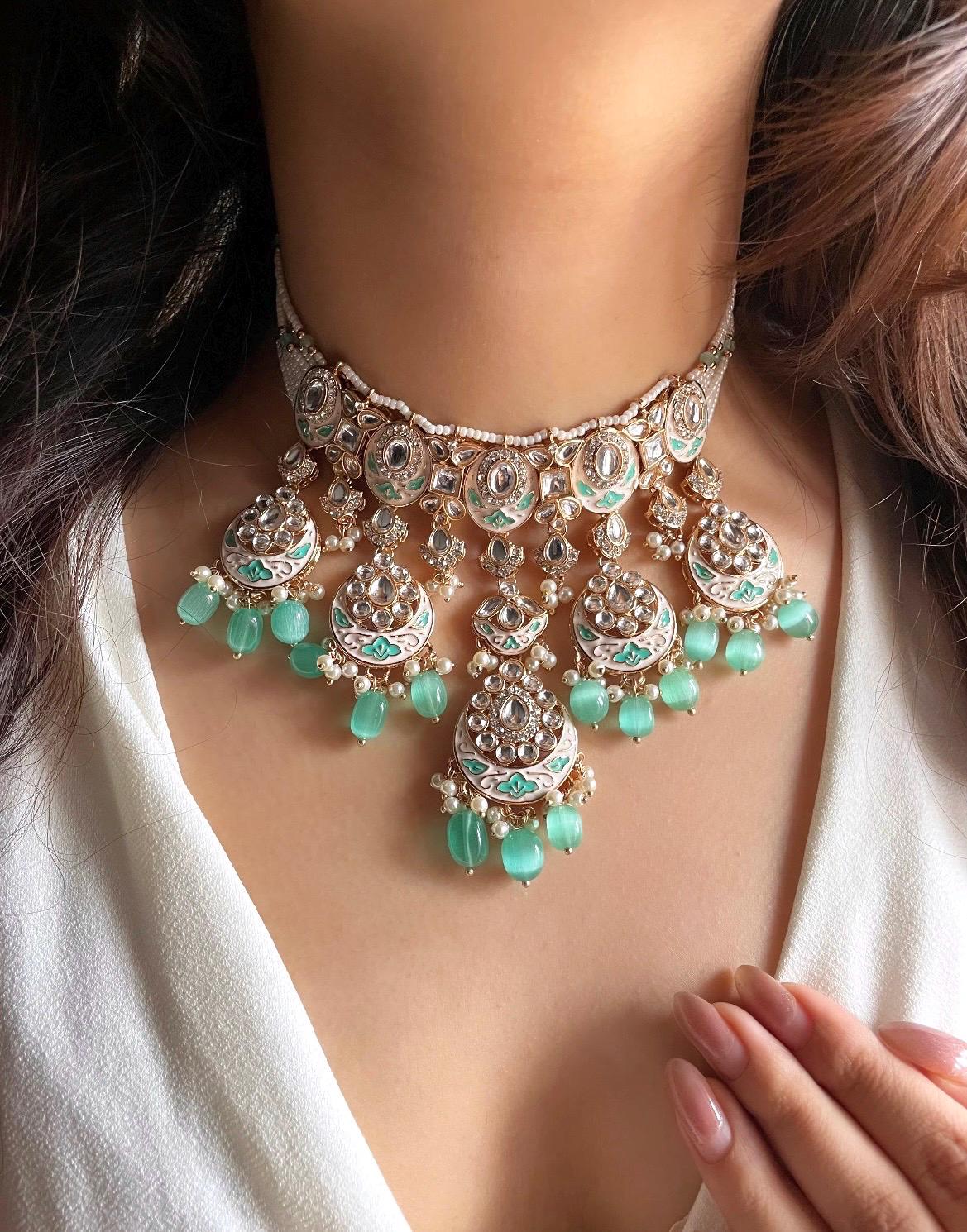 INSHAA Mint Kundan Choker earrings maangtika,Punjabi Jewellery, Indian Kundan Necklace Set, cz zircon,Pakistani nikaah Jewelry,Bridal