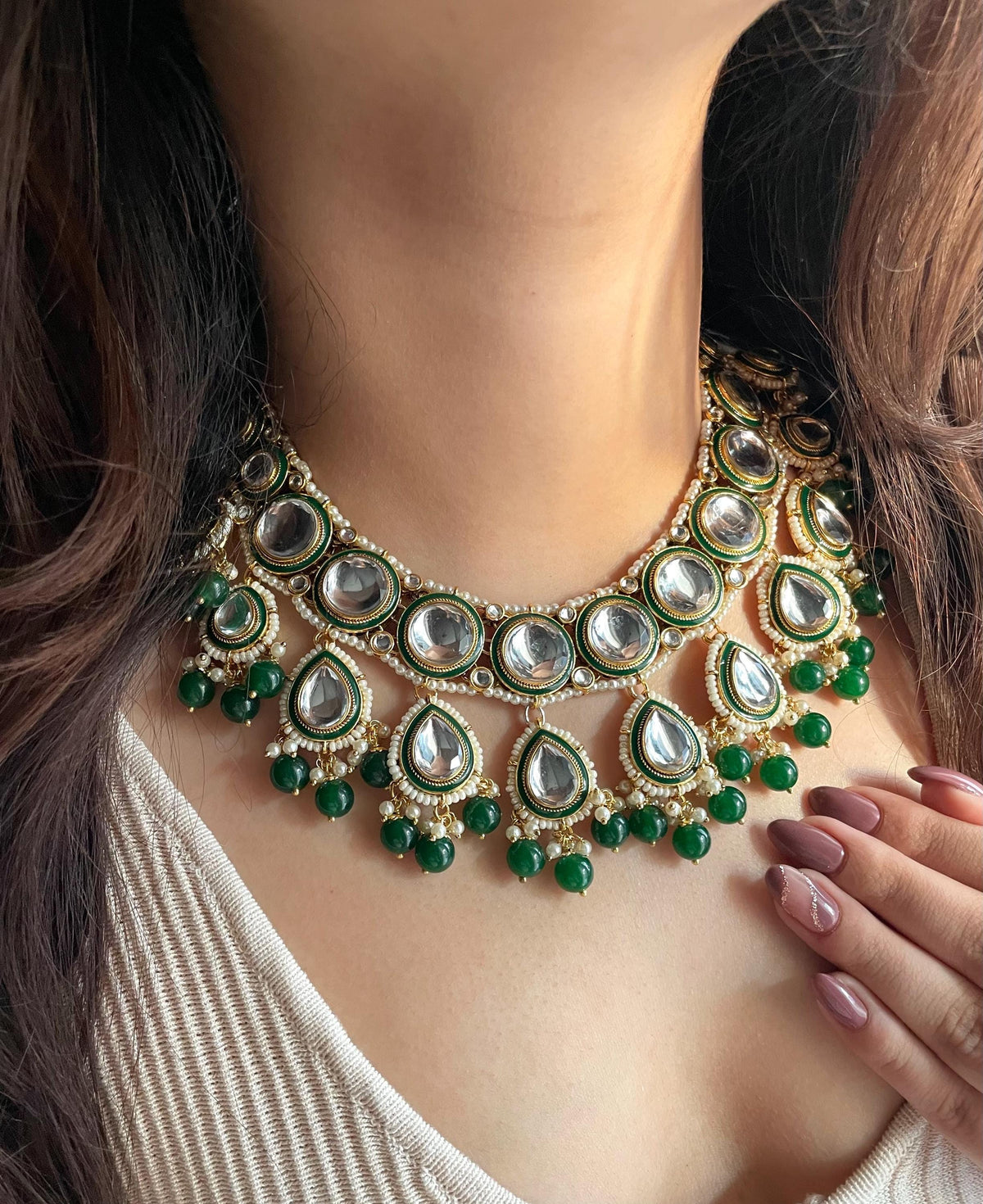 ISHANI Green Kundan necklace earrings maangtika,Punjabi Jewellery, Indian Kundan Bridal Necklace Set, cz zircon,Pakistani nikaah Jewelry