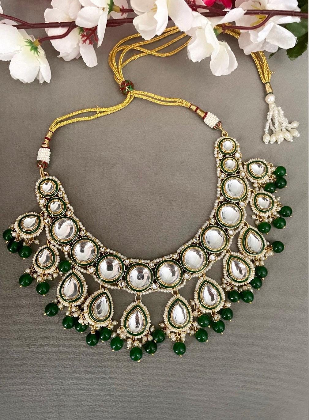 ISHANI Green Kundan necklace earrings maangtika,Punjabi Jewellery, Indian Kundan Bridal Necklace Set, cz zircon,Pakistani nikaah Jewelry
