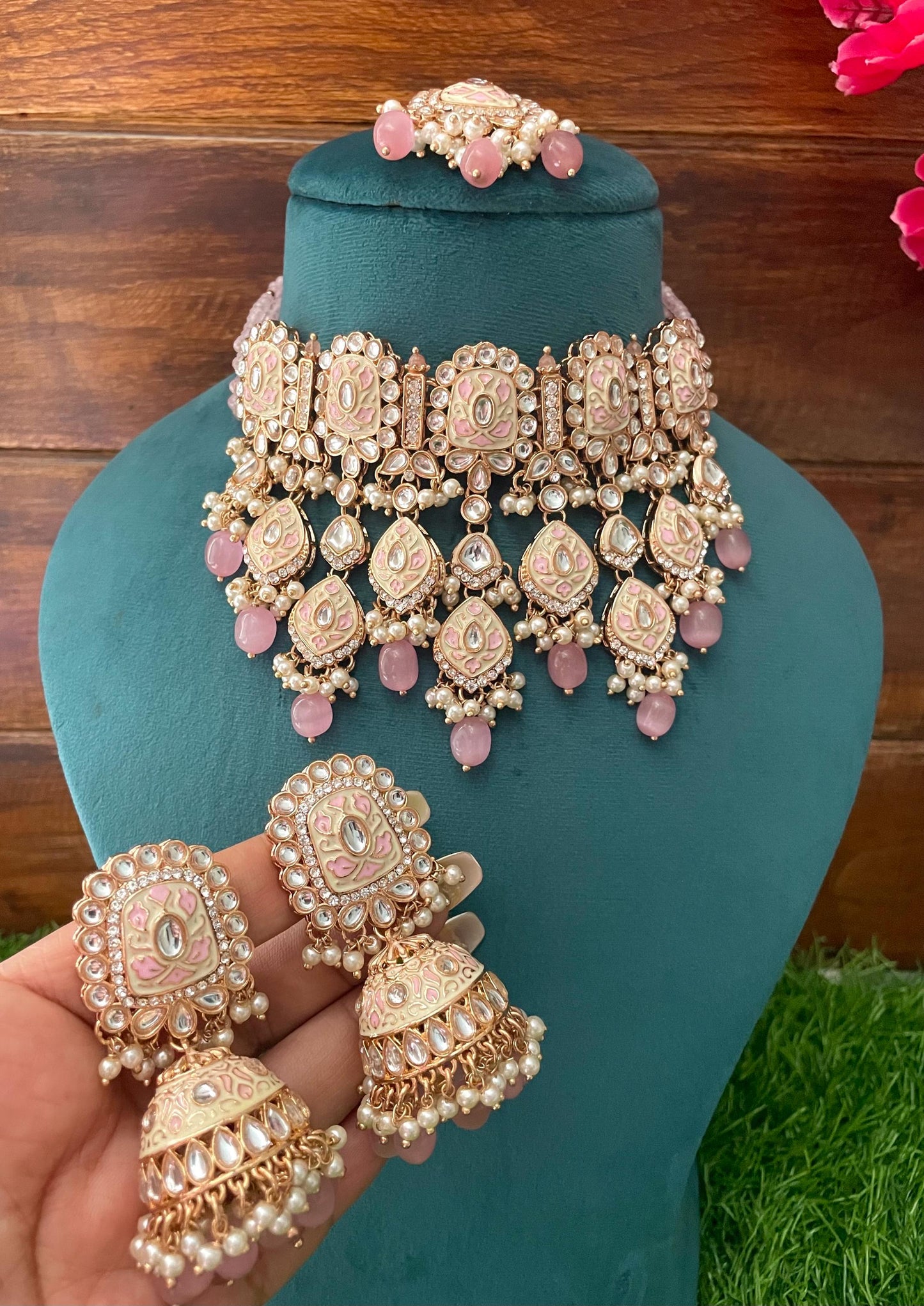 ZOYA Pink kundan and meenakari necklace set wedding jewelry pakistani jewellery bollywood  punjabi jhumka earrings maangtika cz zircon