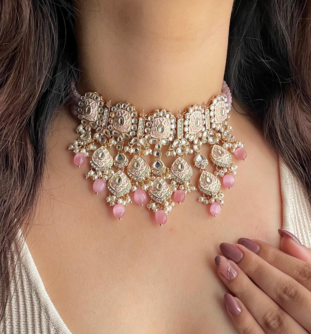 ZOYA Pink kundan and meenakari necklace set wedding jewelry pakistani jewellery bollywood  punjabi jhumka earrings maangtika cz zircon
