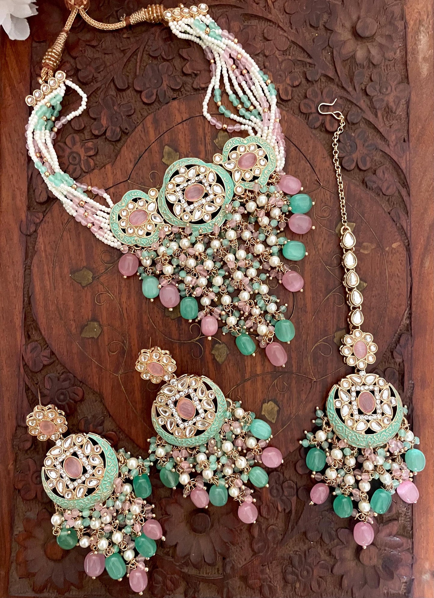 MAIRA Mint pink Kundan Choker,Polki Choker, Punjabi Jewelry, Indian Necklace Set, cz zircon Jewelry, Indian Jewelry,Pakistani Jewelry