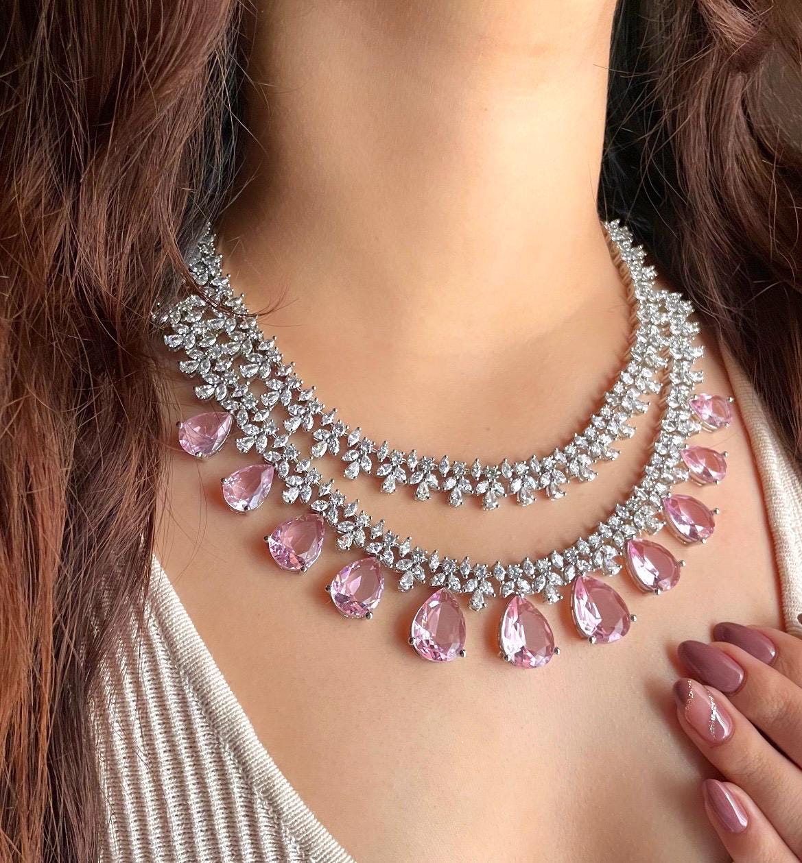 Tara Sutaria inspired Pink American diamond necklace set bollywood jewelry,Indian Jewelry Pakistani Wedding jewellery Cz Zircon