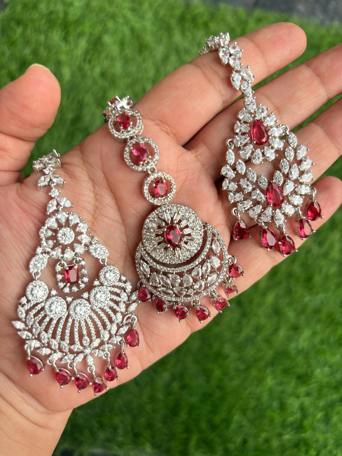 SHAISA Diamond look Maang tikka in ruby red colour/Indian Jewellery/Pakistani Wedding Bridal CZ  maangtika/ hair accessories/red maangteeka