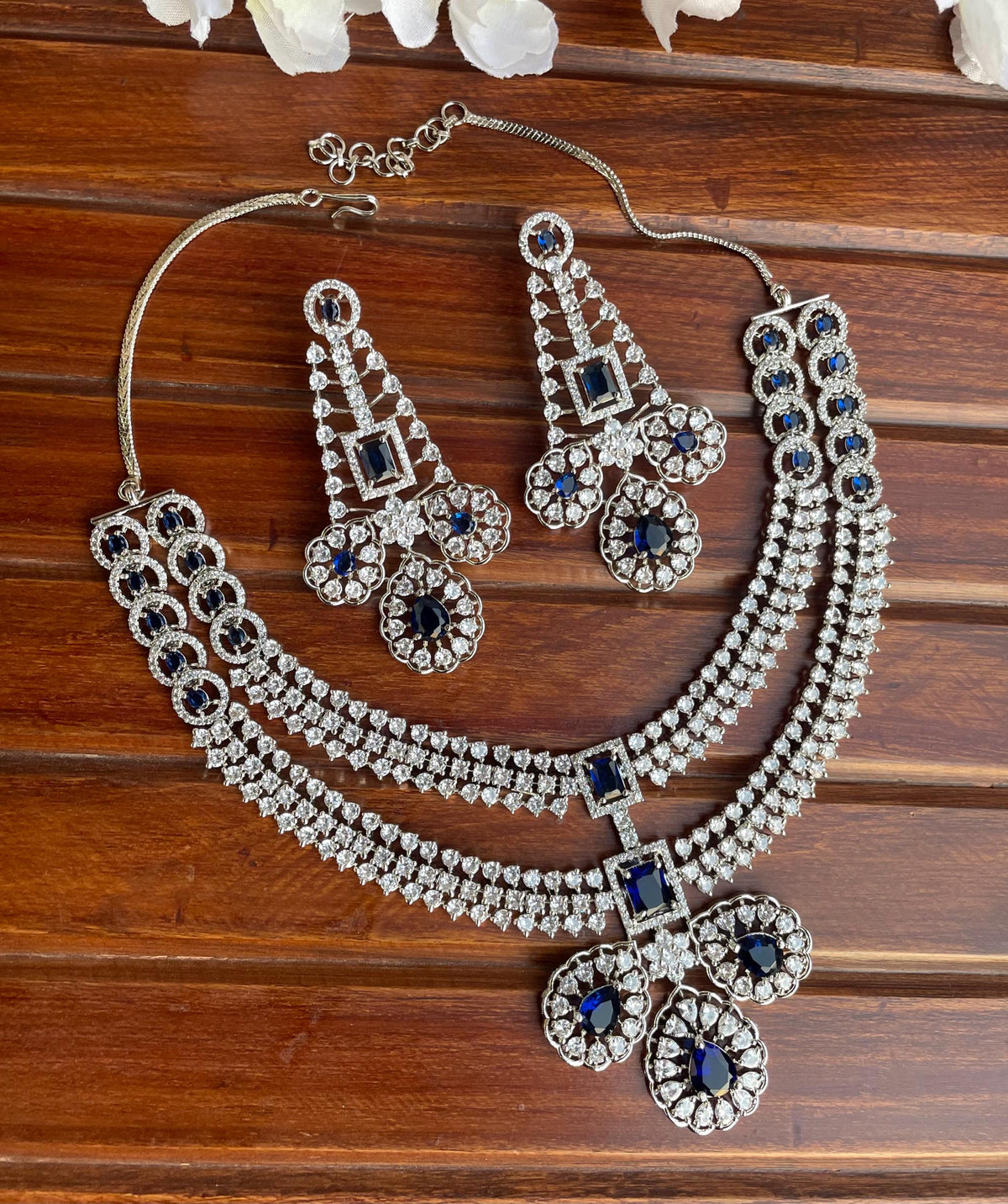 LYLA Sapphire blue American Diamond necklace earrings maangtika blue colour jewelryPakistani nikaah wedding jewelry,Indian bollywood jewelry