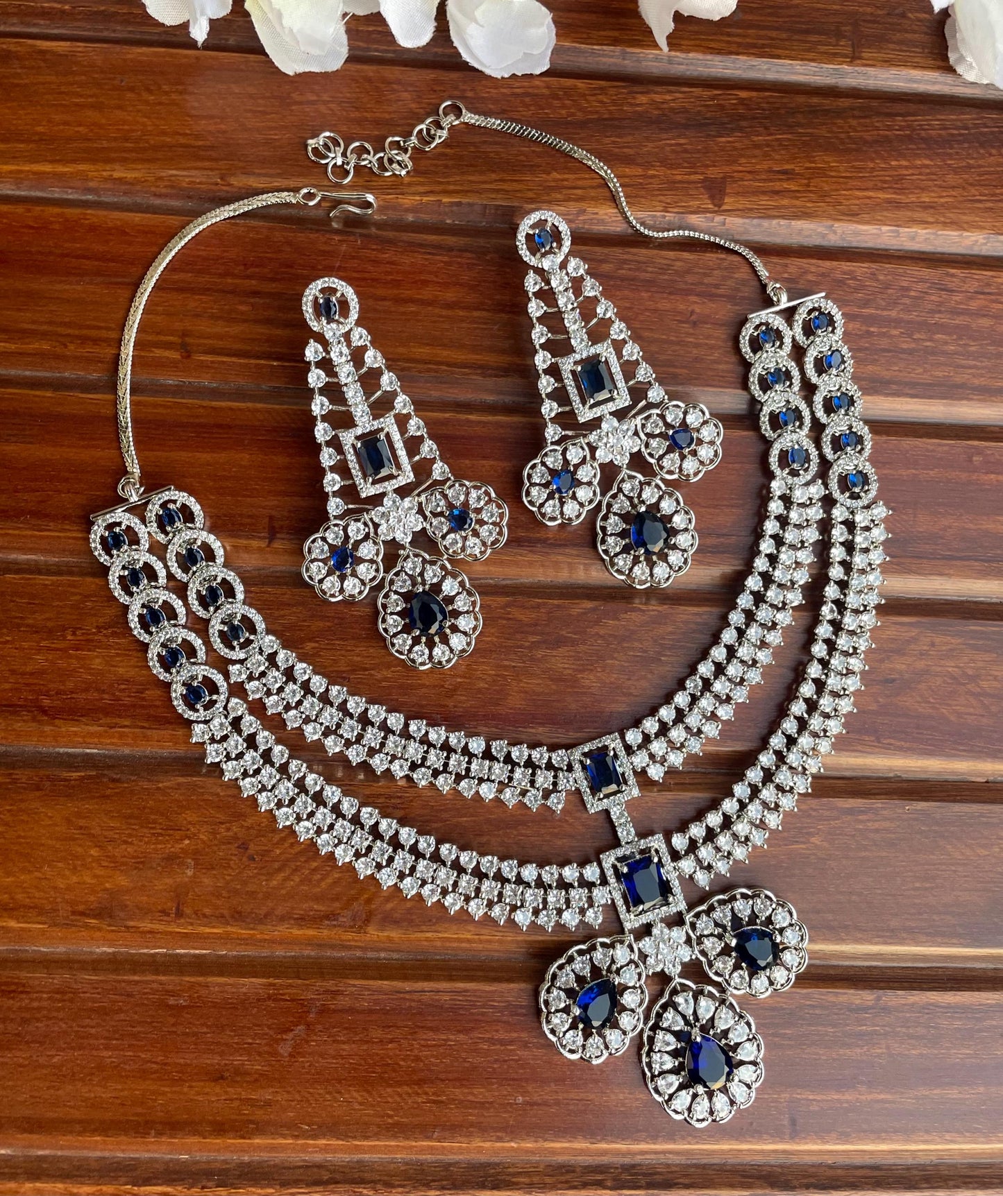 LYLA Sapphire blue American Diamond necklace earrings maangtika blue colour jewelryPakistani nikaah wedding jewelry,Indian bollywood jewelry