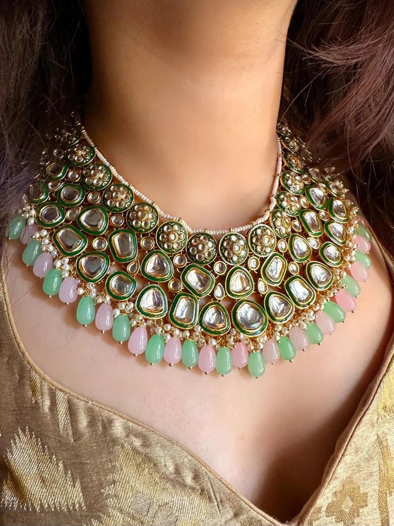 Mint pink Kundan necklace with earrings and maangtika,Indian Pakistani wedding and festive jewelry
