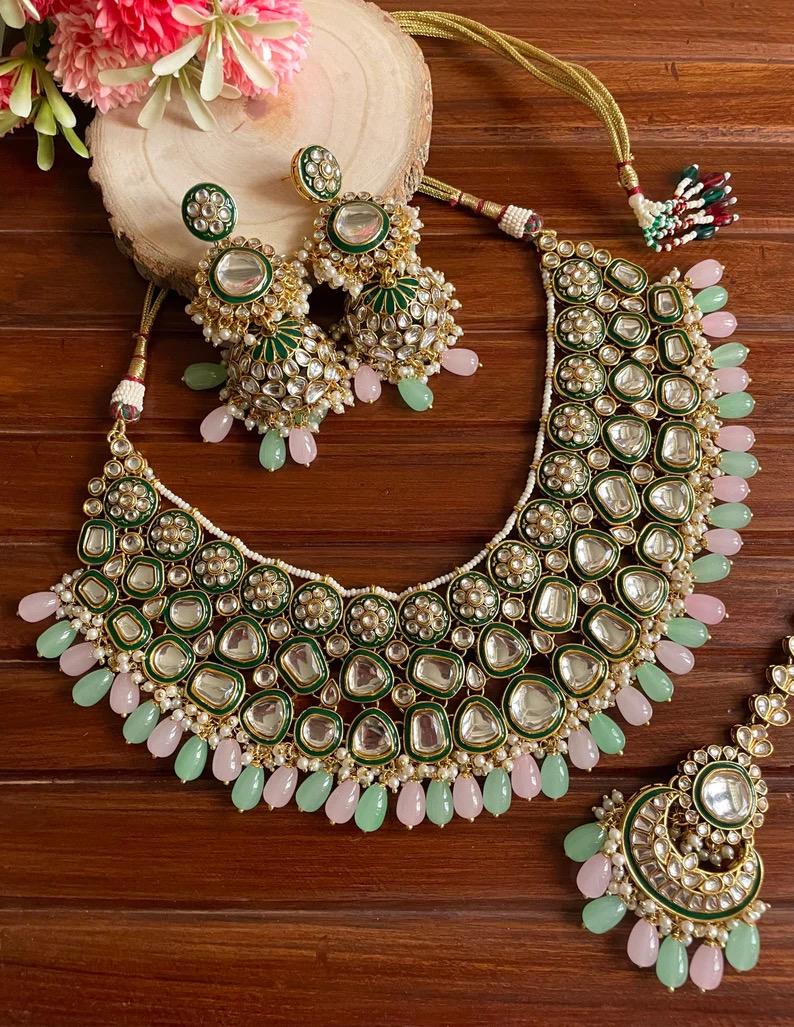 Mint pink Kundan necklace with earrings and maangtika,Indian Pakistani wedding and festive jewelry