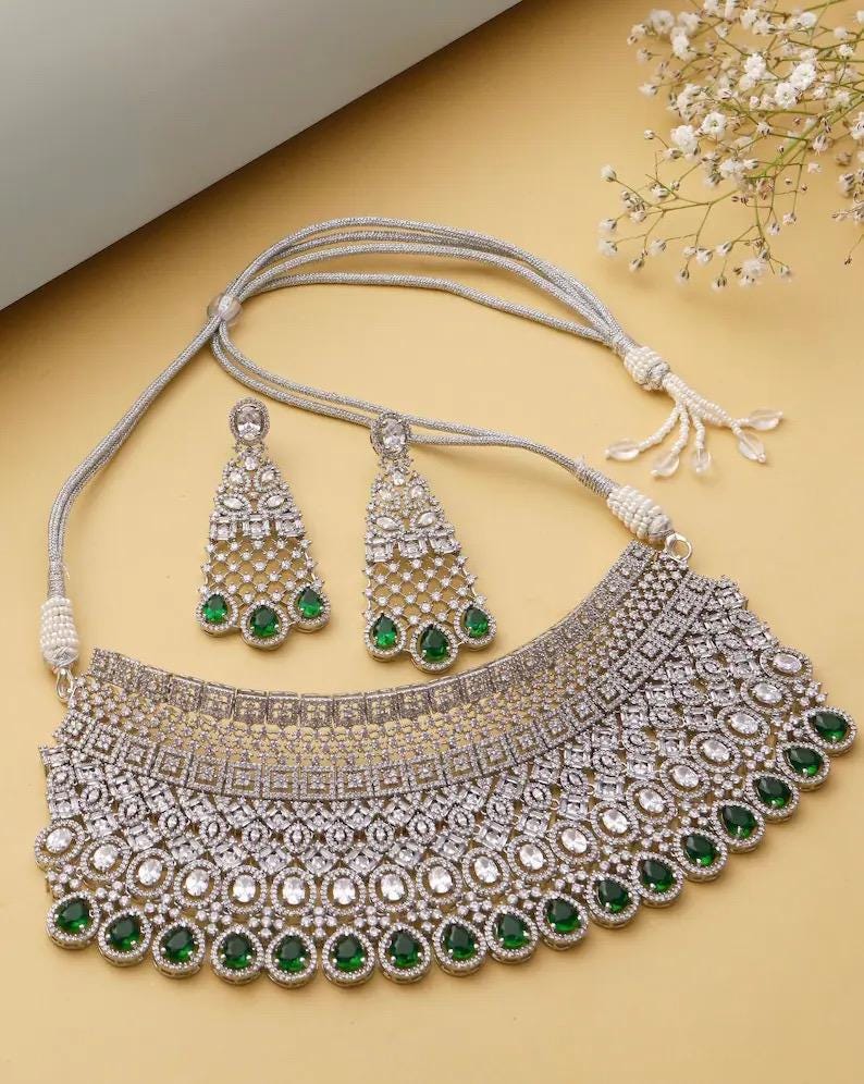 NAGHMA Emerald green Bridal Choker American Diamond necklace set Pakistani nikaah jewelry,Indian bollywood wedding jewelry with maangtika