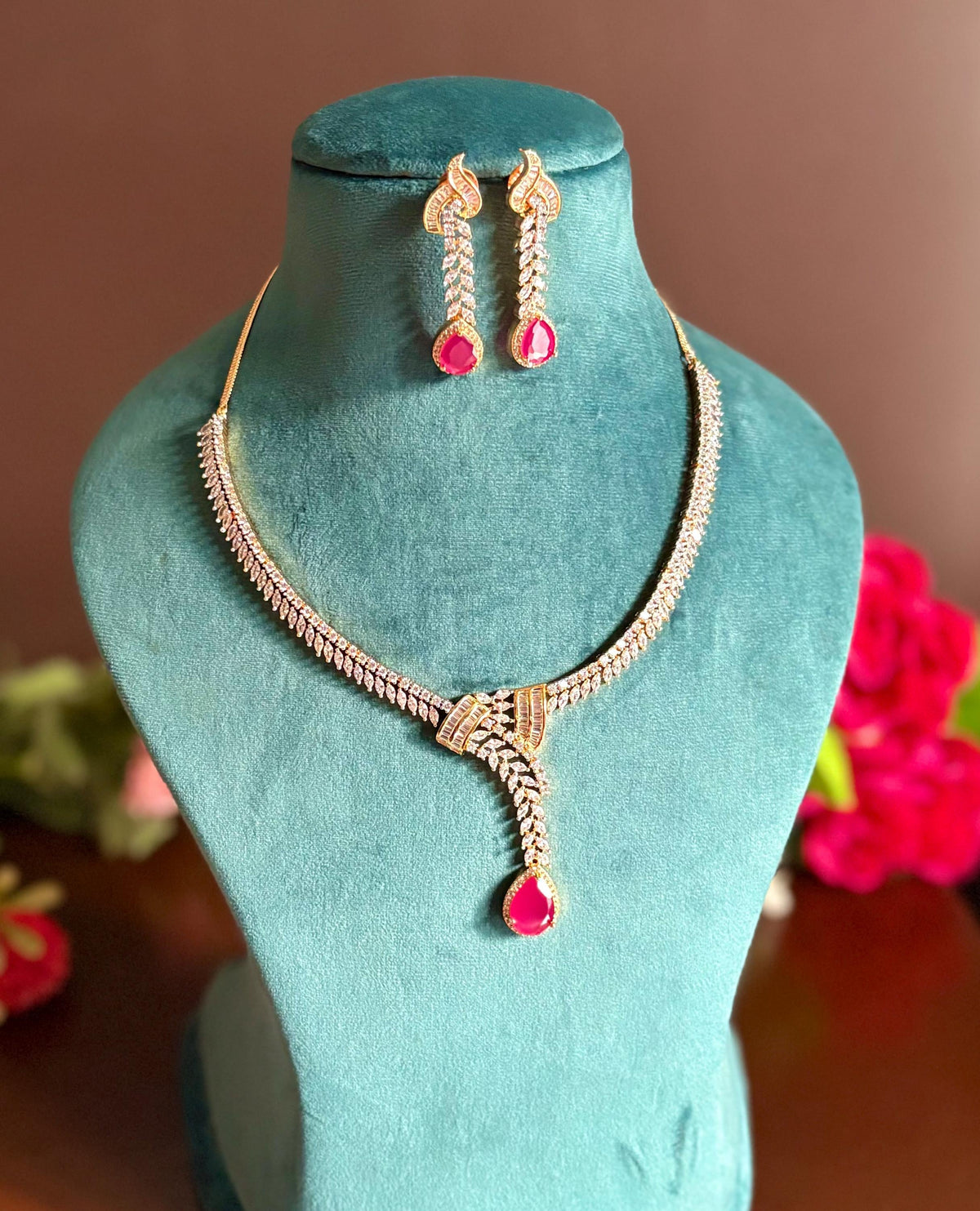 NAIRA Real diamond look gold silver finish Ruby red American Diamond Necklace Set/Pakistani bridal wedding jewelry,Indian  elegant jewellery