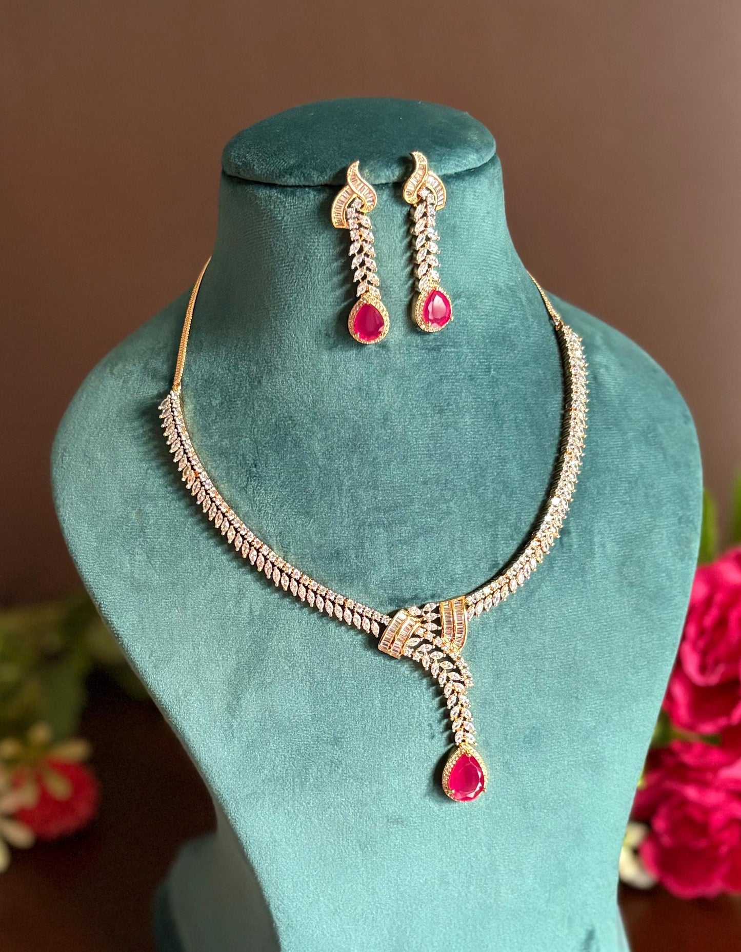 NAIRA Real diamond look gold silver finish Ruby red American Diamond Necklace Set/Pakistani bridal wedding jewelry,Indian  elegant jewellery