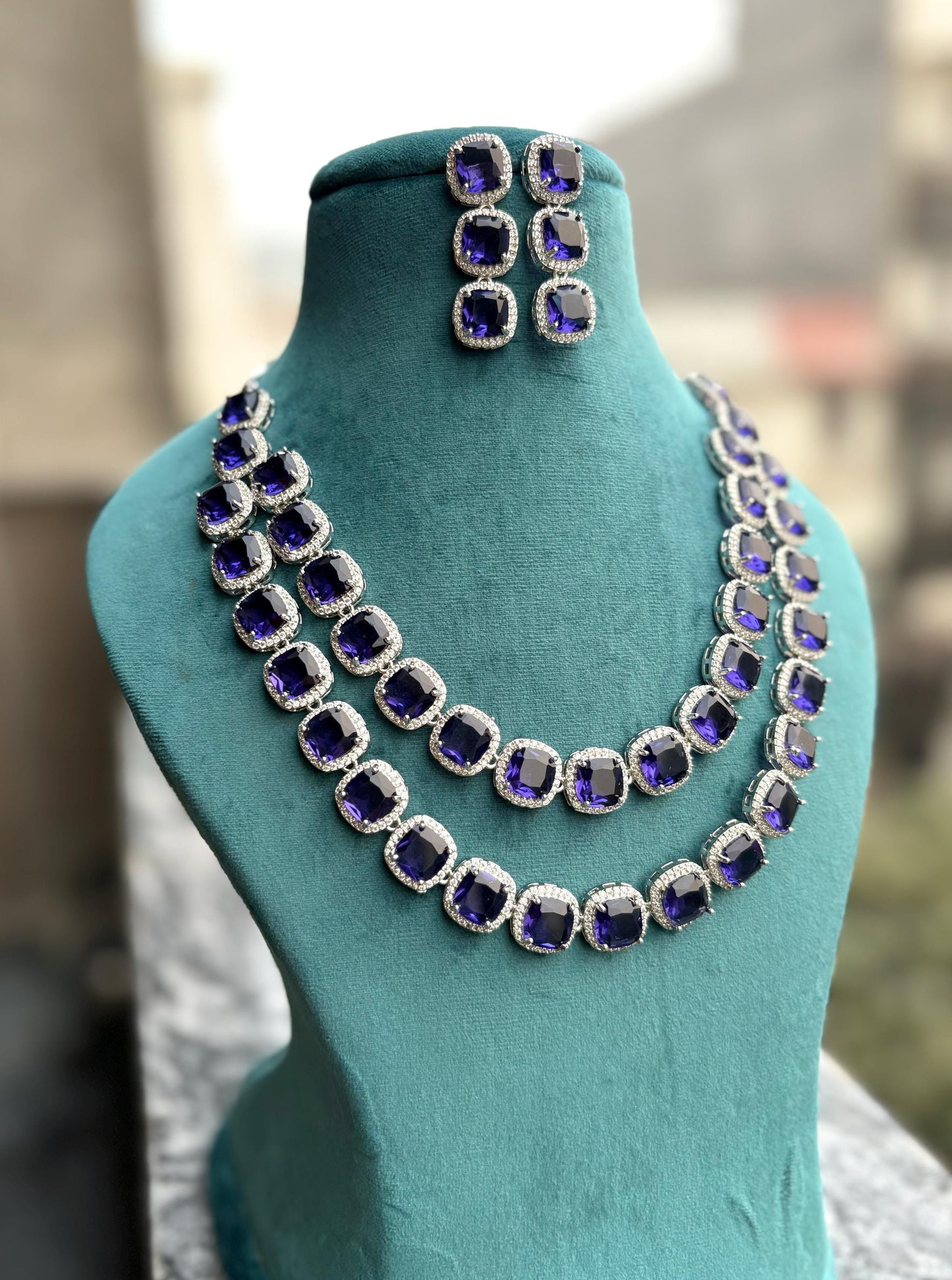 SIA two layered Ruby red necklace earrings Statement American Diamond,Indian Jewelry Pakistani Wedding jewellery Cz Zircon,prom jewelry