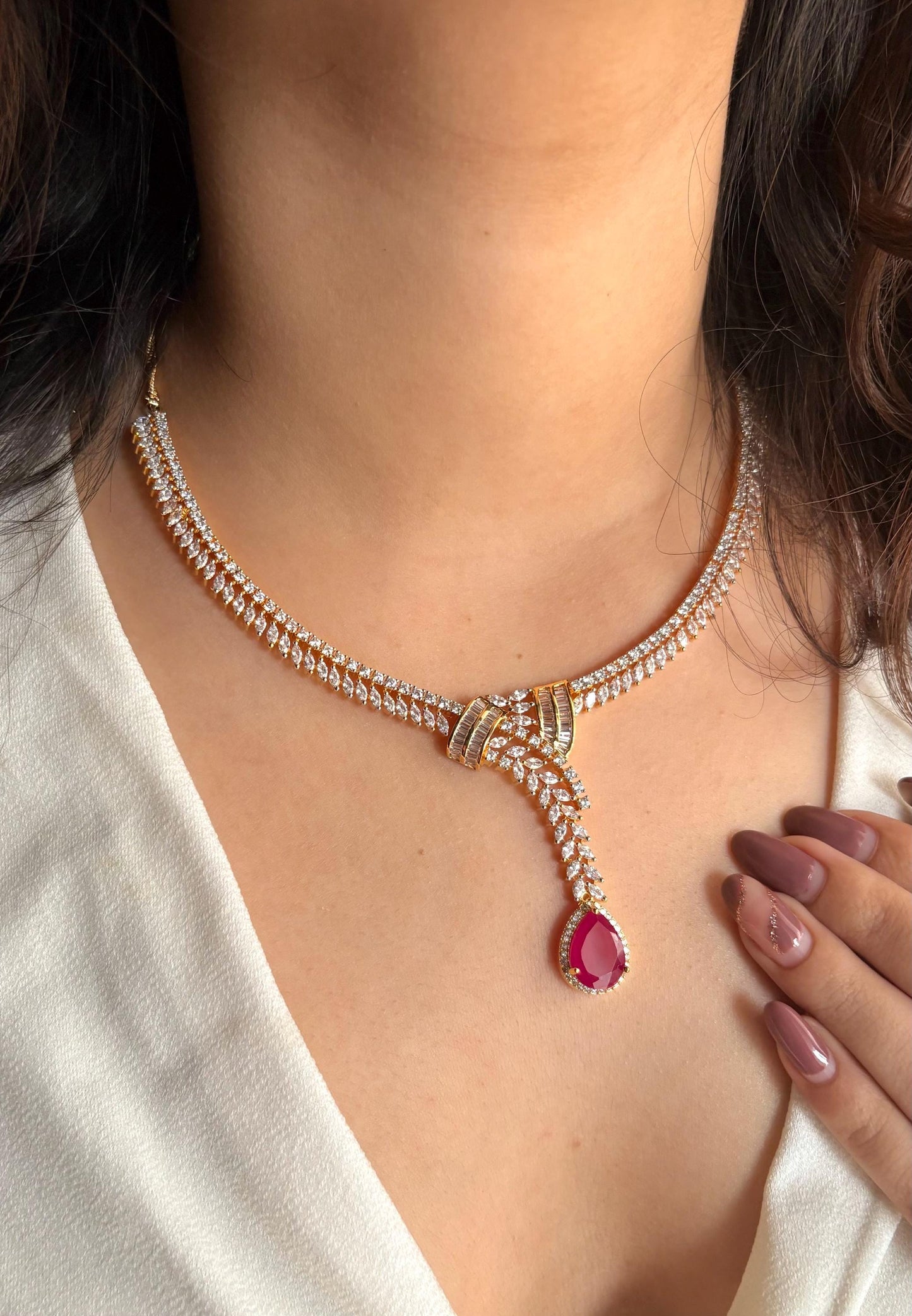 NAIRA Real diamond look gold silver finish Ruby red American Diamond Necklace Set/Pakistani bridal wedding jewelry,Indian  elegant jewellery