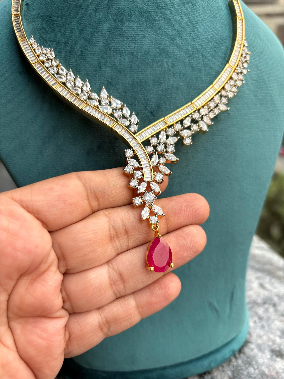 ZOHRA Real diamond look gold silver finish Ruby red baguette diamond Necklace Set/Pakistani wedding jewelry,Indian cz imitation jewellery