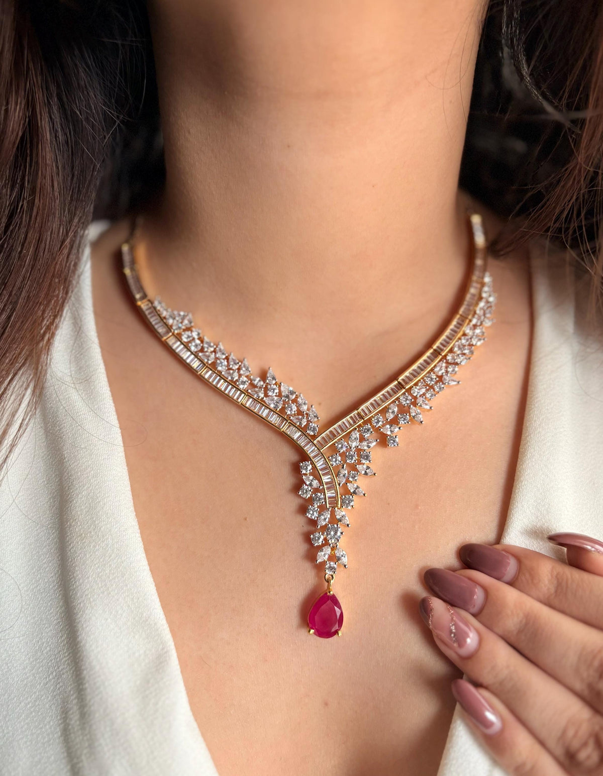 ZOHRA Real diamond look gold silver finish Ruby red baguette diamond Necklace Set/Pakistani wedding jewelry,Indian cz imitation jewellery