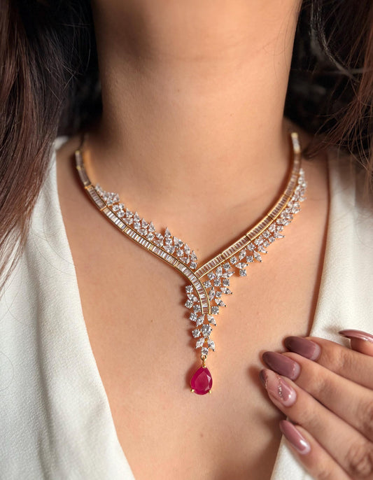 ZOHRA Real diamond look gold silver finish Ruby red baguette diamond Necklace Set/Pakistani wedding jewelry,Indian cz imitation jewellery