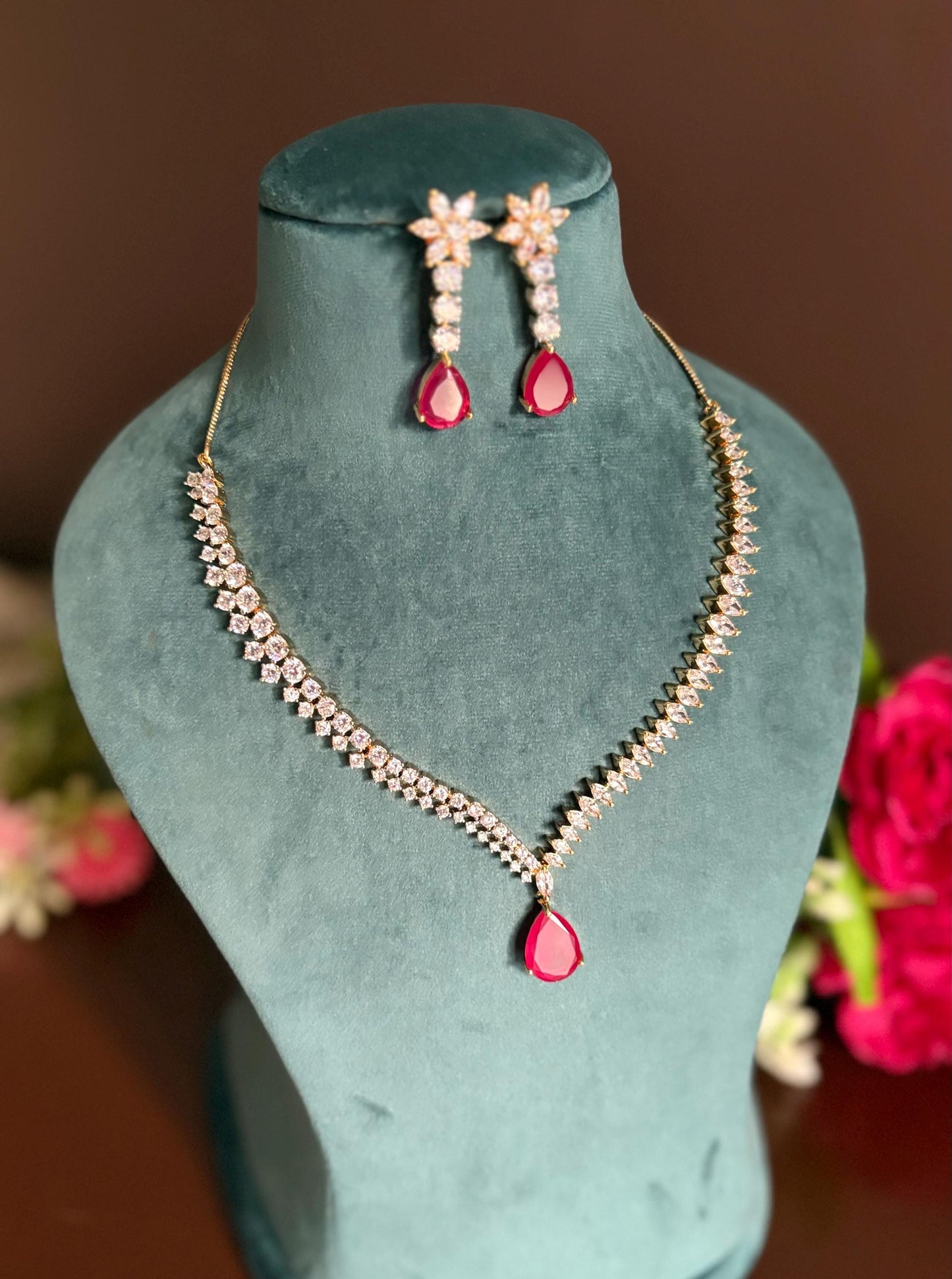 DIA Real diamond look gold silver finish Ruby red American Diamond Necklace Set Two tone wedding jewelry,Indian  elegant jewellery