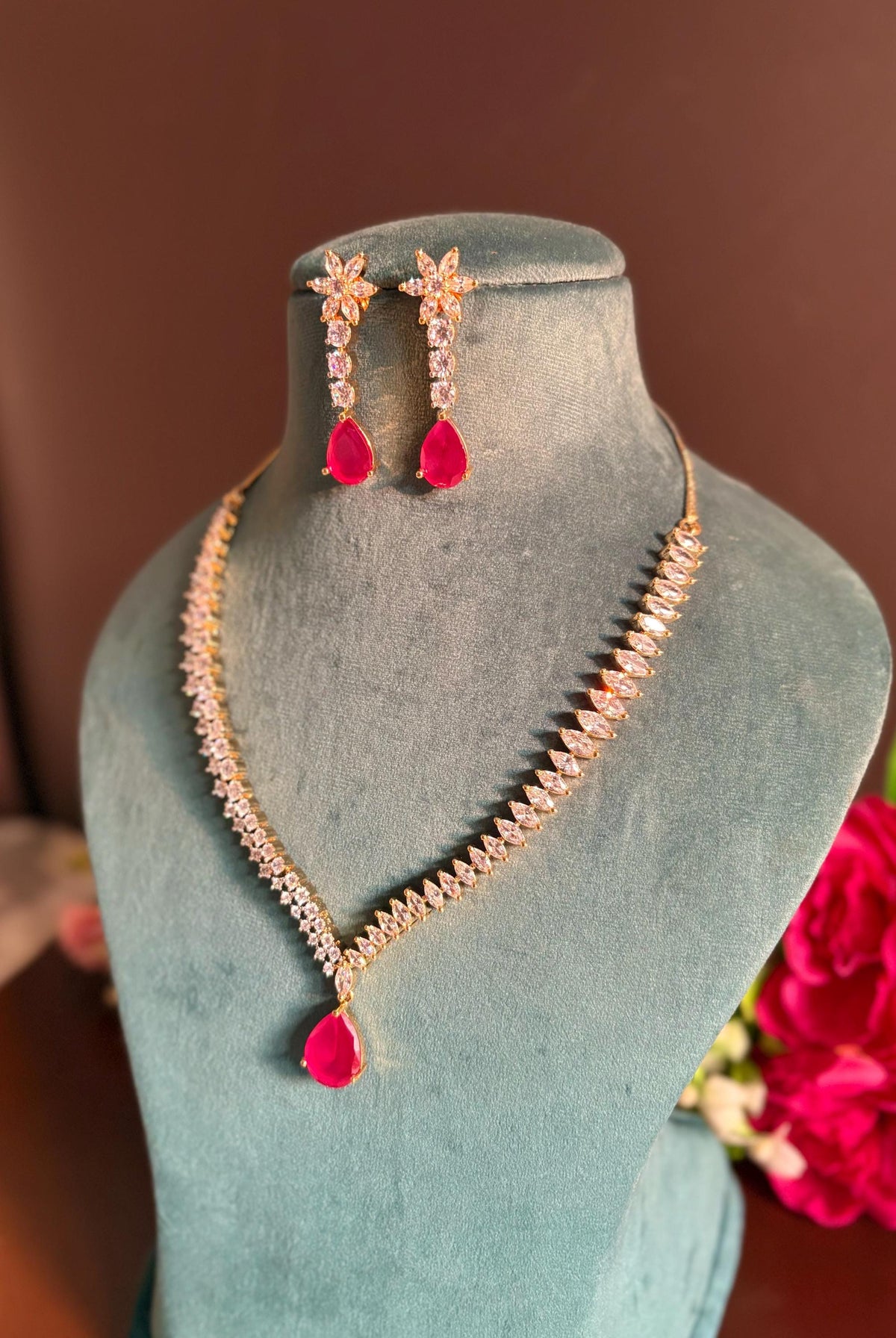 DIA Real diamond look gold silver finish Ruby red American Diamond Necklace Set Two tone wedding jewelry,Indian  elegant jewellery
