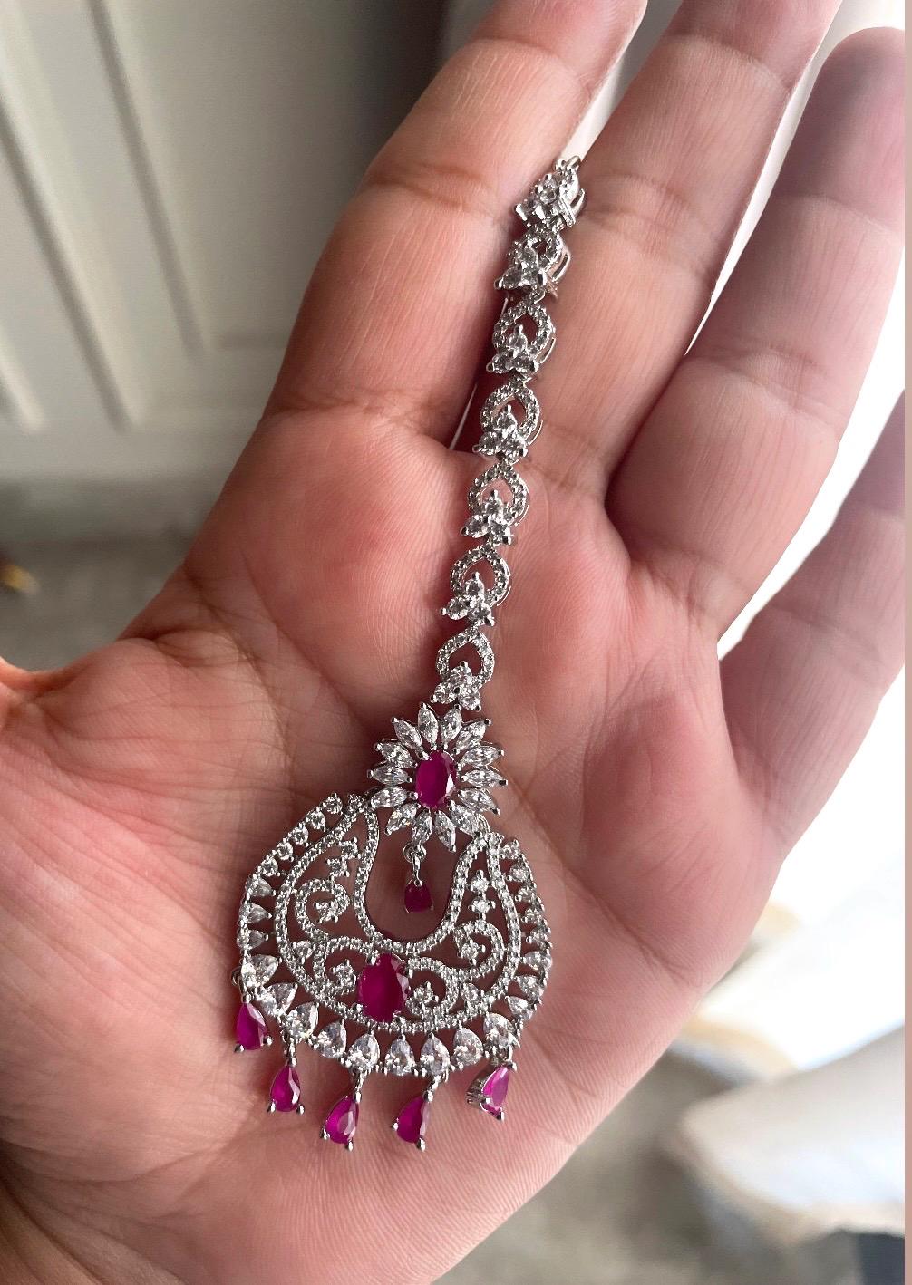 MISHA Diamond look Maang tikka in ruby red /Indian Jewellery/ Pakistani Wedding Bridal CZ  maangtika/head hair accessories/ head gear