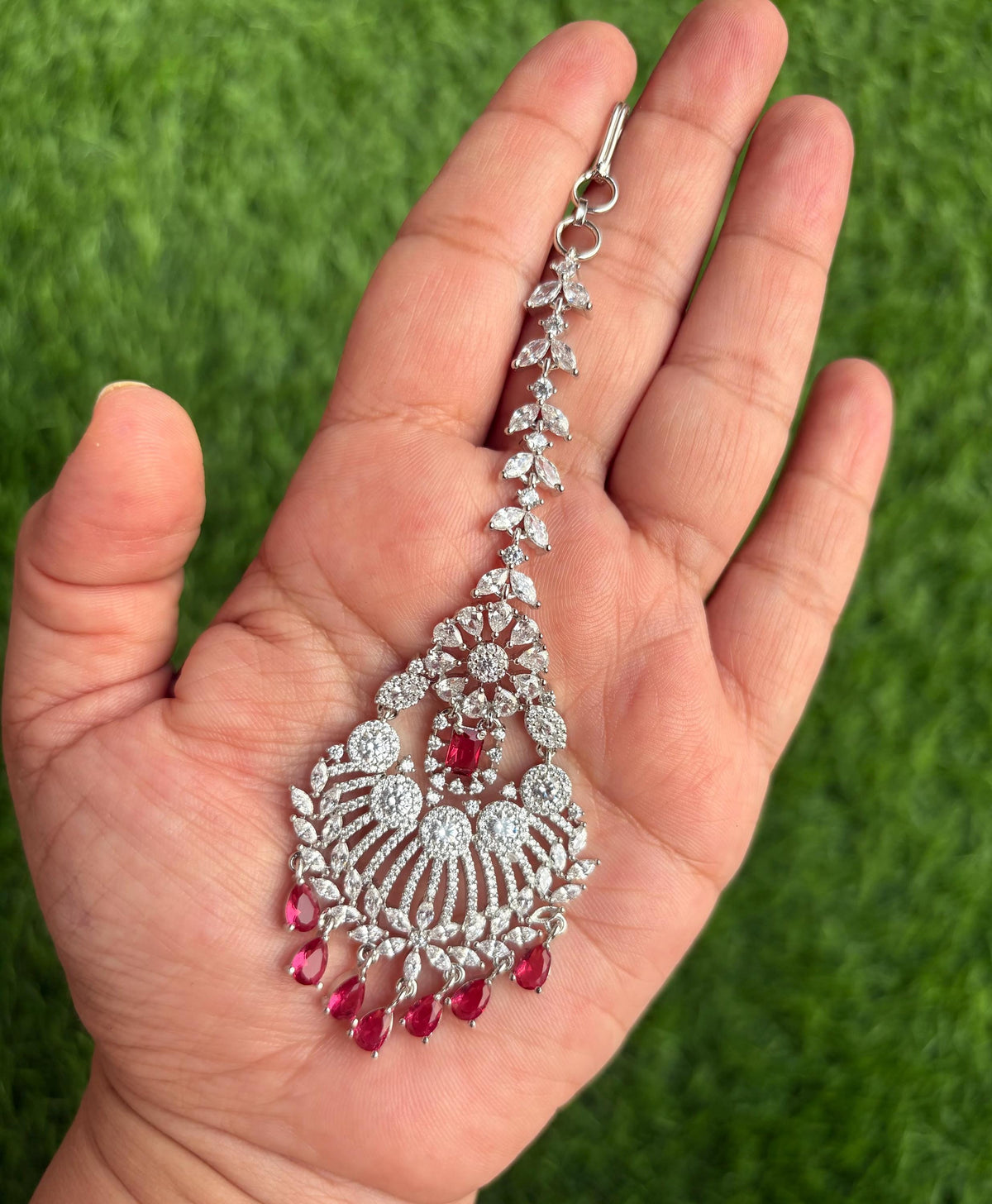 SHAISA Diamond look Maang tikka in ruby red colour/Indian Jewellery/Pakistani Wedding Bridal CZ  maangtika/ hair accessories/red maangteeka