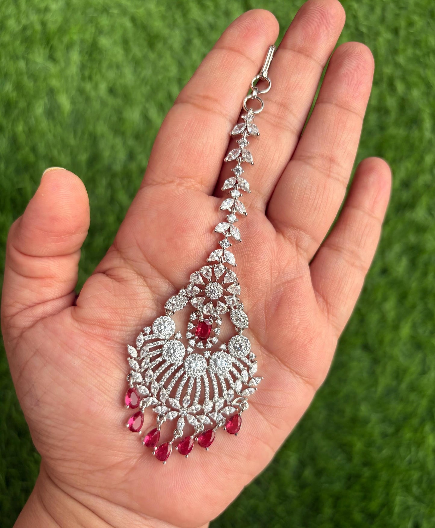 SHAISA Diamond look Maang tikka in ruby red colour/Indian Jewellery/Pakistani Wedding Bridal CZ  maangtika/ hair accessories/red maangteeka