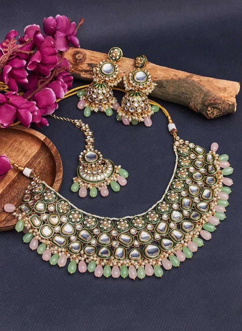 Mint pink Kundan necklace with earrings and maangtika,Indian Pakistani wedding and festive jewelry