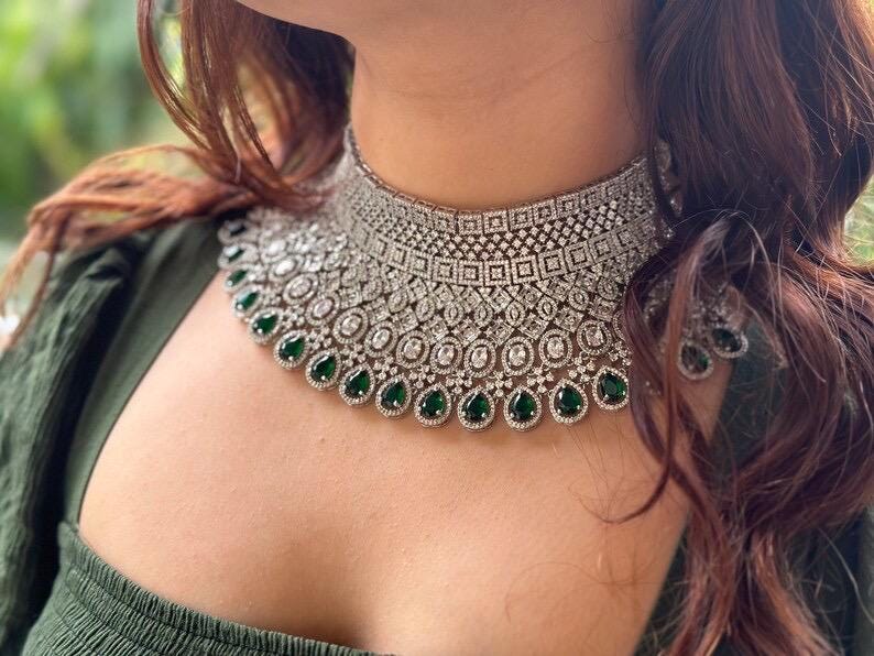 NAGHMA Emerald green Bridal Choker American Diamond necklace set Pakistani nikaah jewelry,Indian bollywood wedding jewelry with maangtika