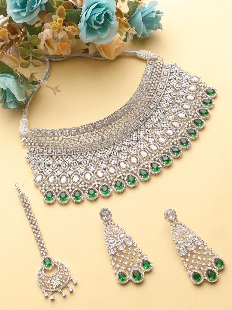 NAGHMA Emerald green Bridal Choker American Diamond necklace set Pakistani nikaah jewelry,Indian bollywood wedding jewelry with maangtika