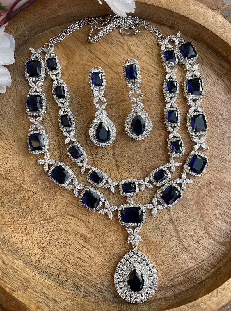 SHANAYA Sapphire blue American diamond necklace earrings Indian bridal Jewelry Pakistani nikaah Wedding jewellery green colour jewellery