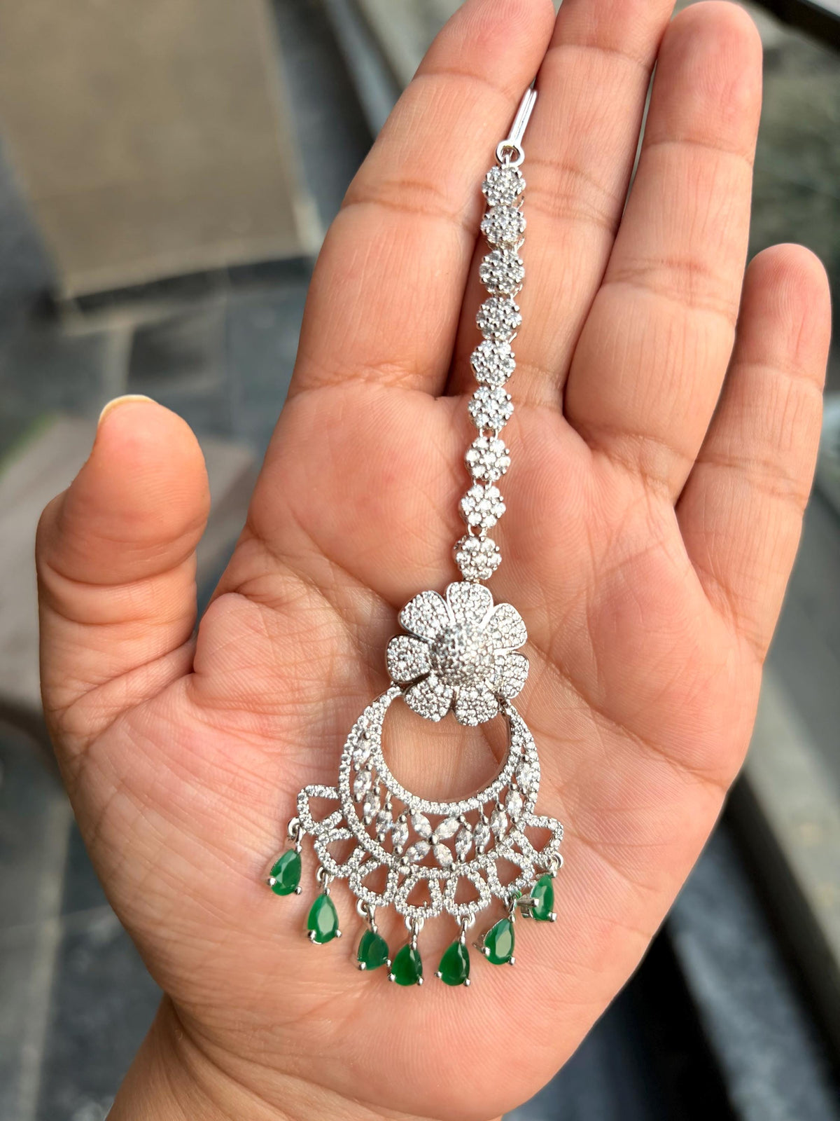 ISHA Diamond look silver finish green colour maangtika  Indian Jewellery Pakistani Wedding Bridal CZ  maang tikka green colour maangteeka